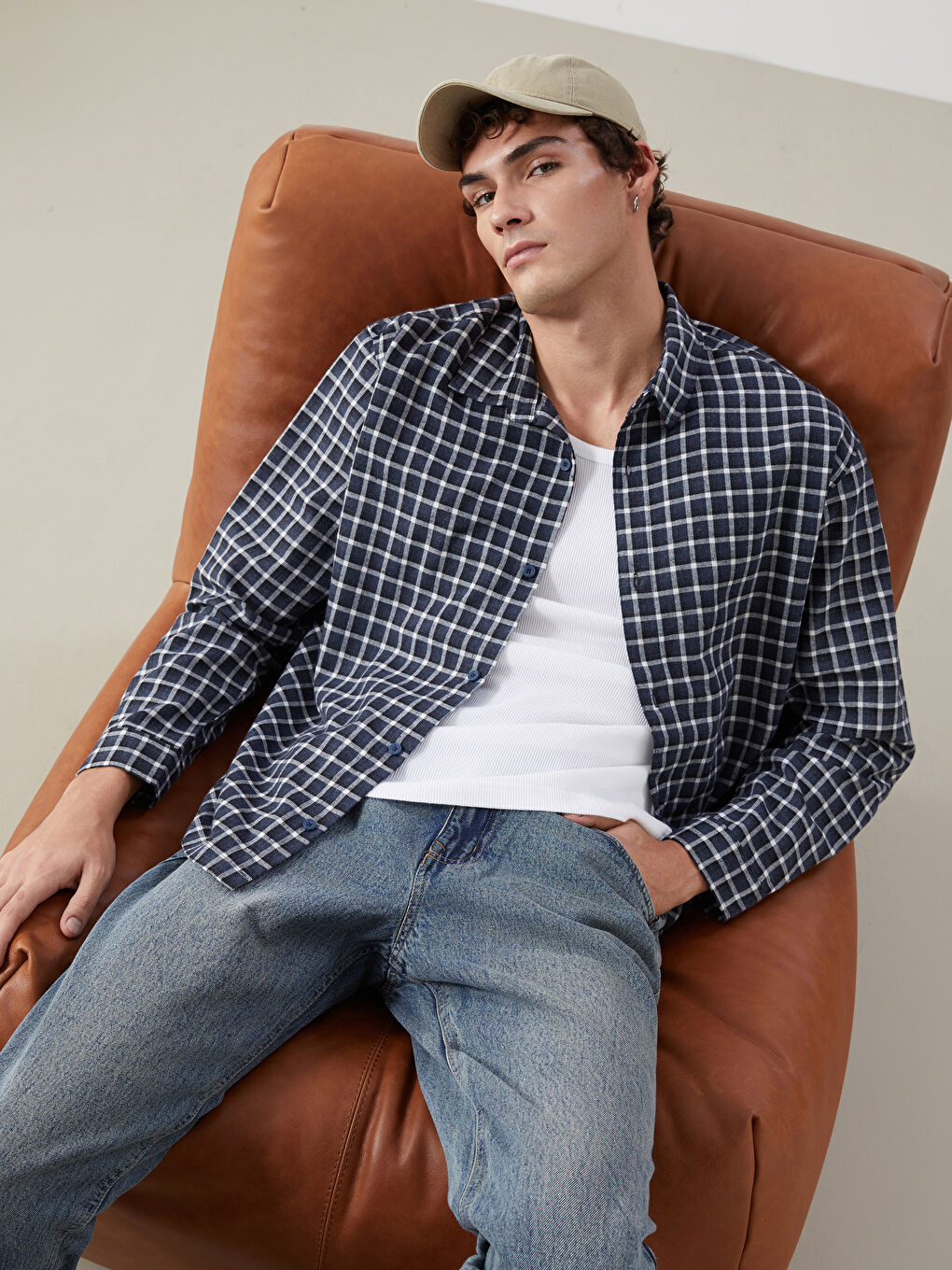 Lacivert Rahat Kalıp Uzun Kollu Ekose Gabardin Erkek Gömlek-1