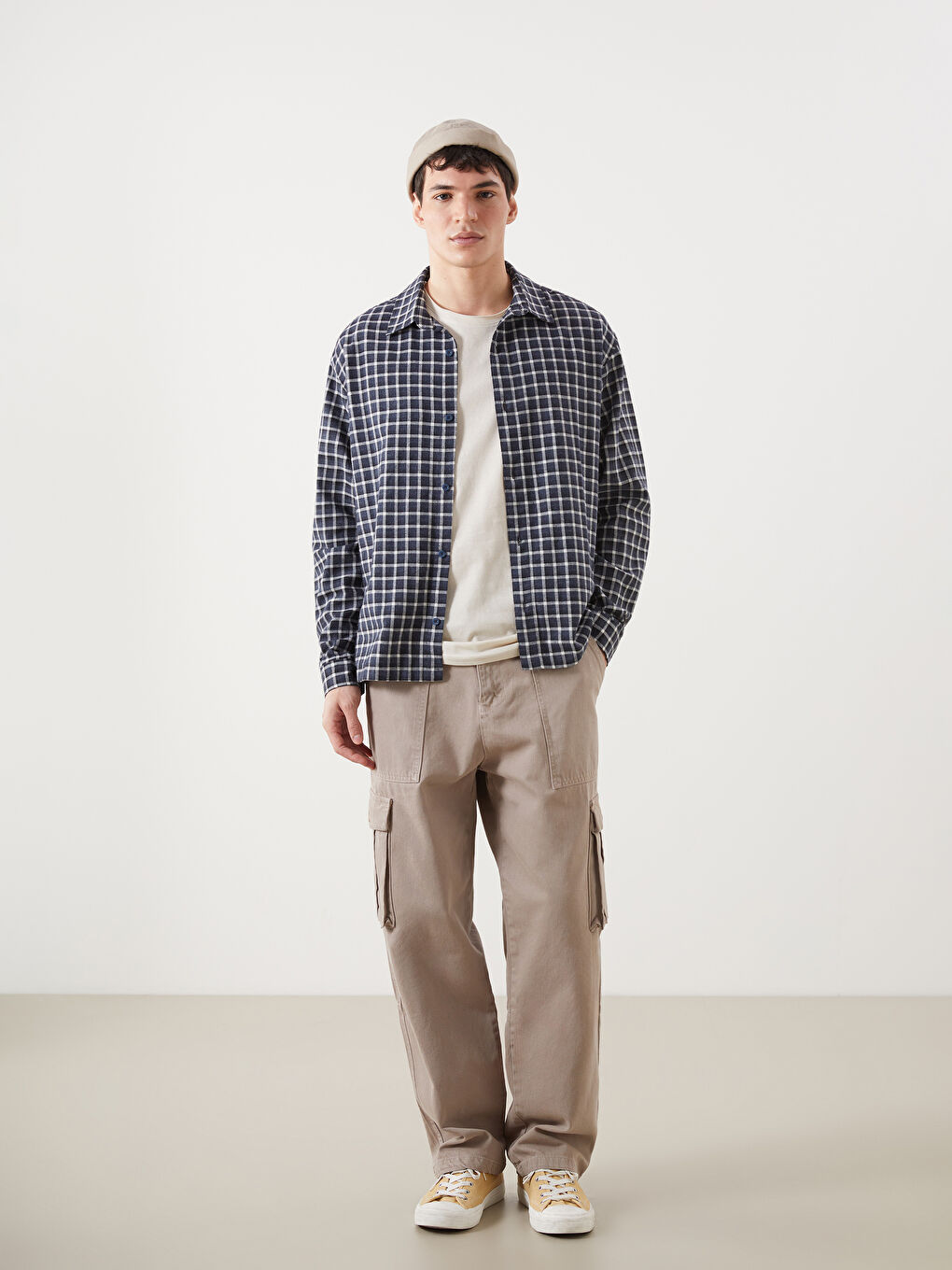 Lacivert Rahat Kalıp Uzun Kollu Ekose Gabardin Erkek Gömlek-2