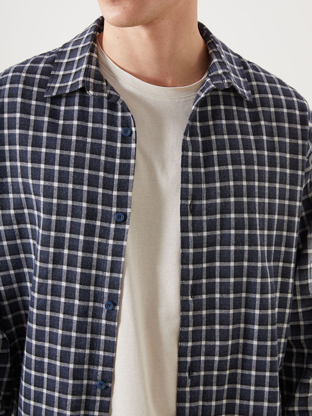 Lacivert Rahat Kalıp Uzun Kollu Ekose Gabardin Erkek Gömlek-4