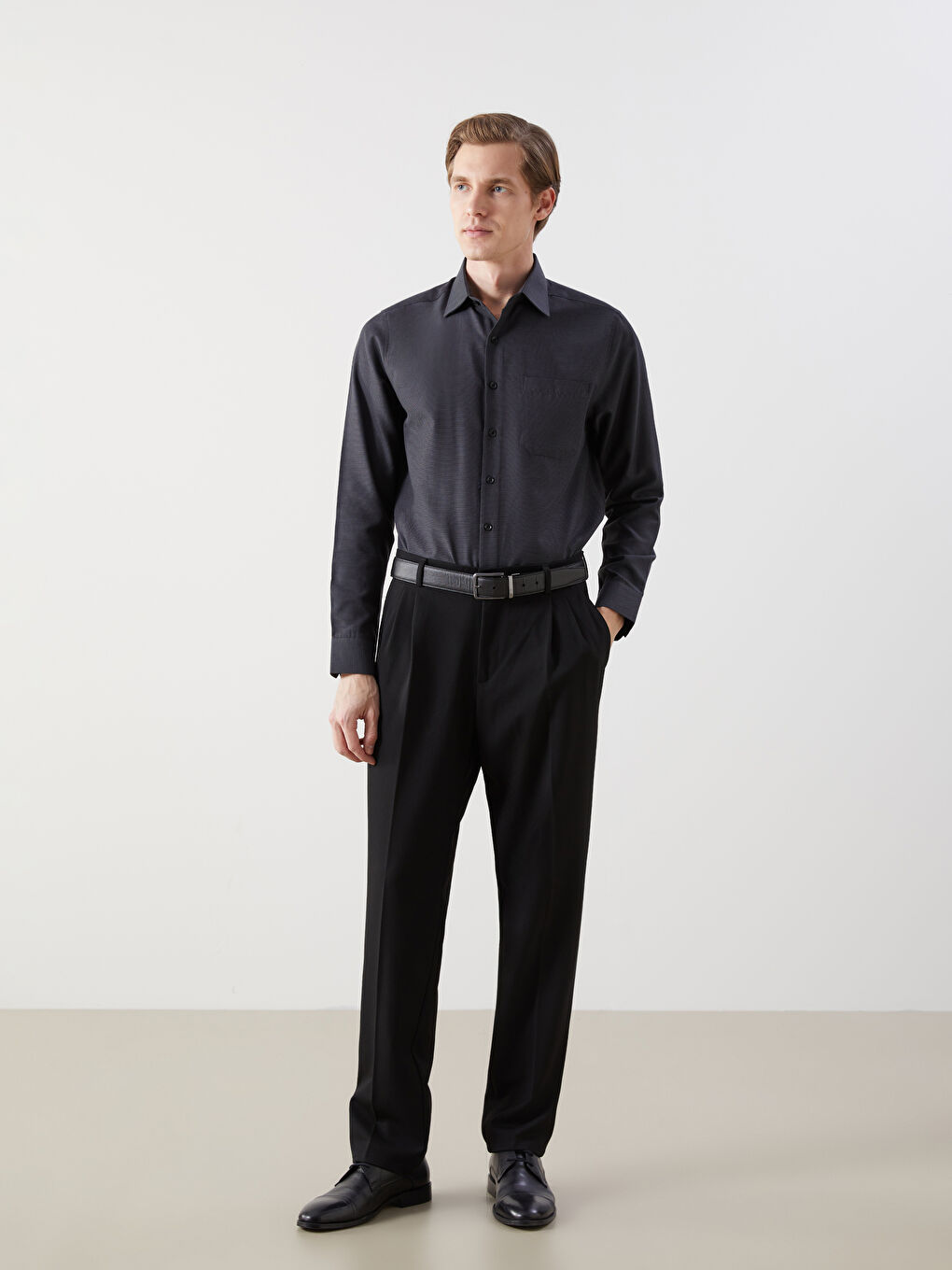 Antrasit Regular Fit Uzun Kollu Armürlü Erkek Gömlek-1