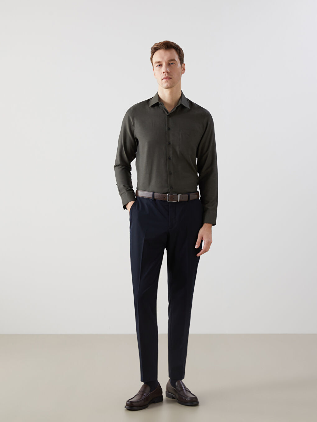 Haki Regular Fit Uzun Kollu Armürlü Erkek Gömlek-1