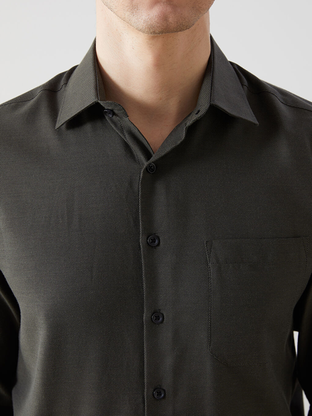 Haki Regular Fit Uzun Kollu Armürlü Erkek Gömlek-2