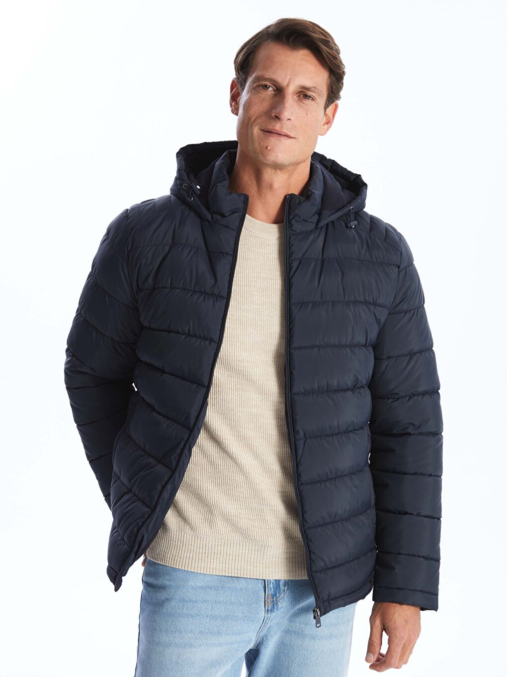 Lacivert Standart Kalıp Kapüşonlu Erkek Şişme Mont