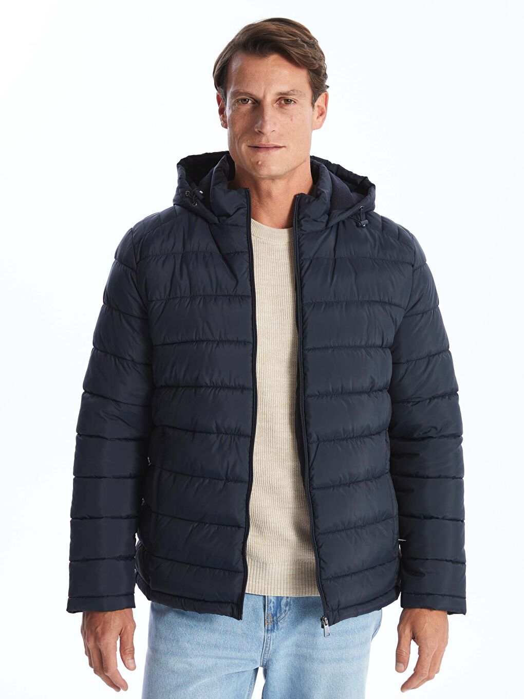 Lacivert Standart Kalıp Kapüşonlu Erkek Şişme Mont-1