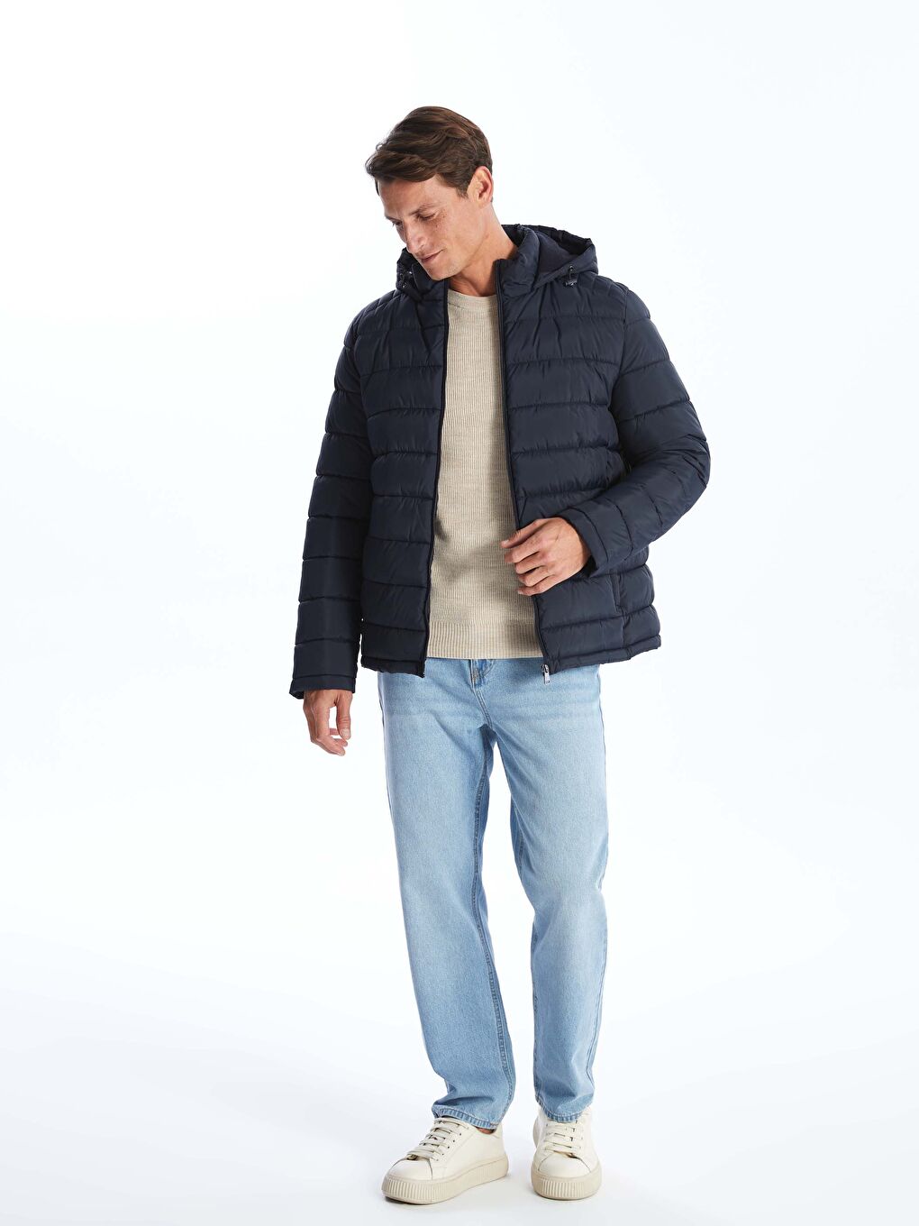 Lacivert Standart Kalıp Kapüşonlu Erkek Şişme Mont-2