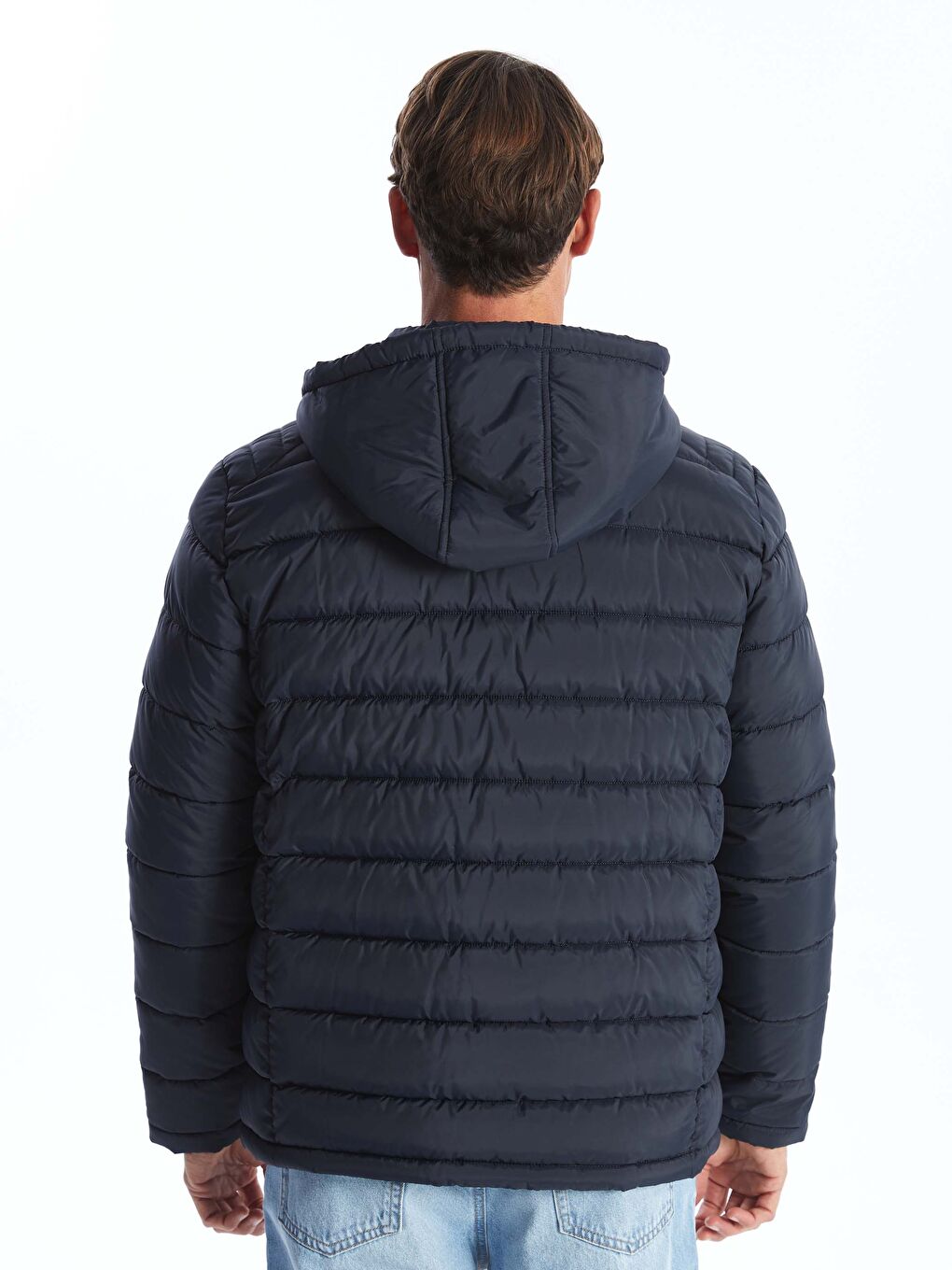 Lacivert Standart Kalıp Kapüşonlu Erkek Şişme Mont-5