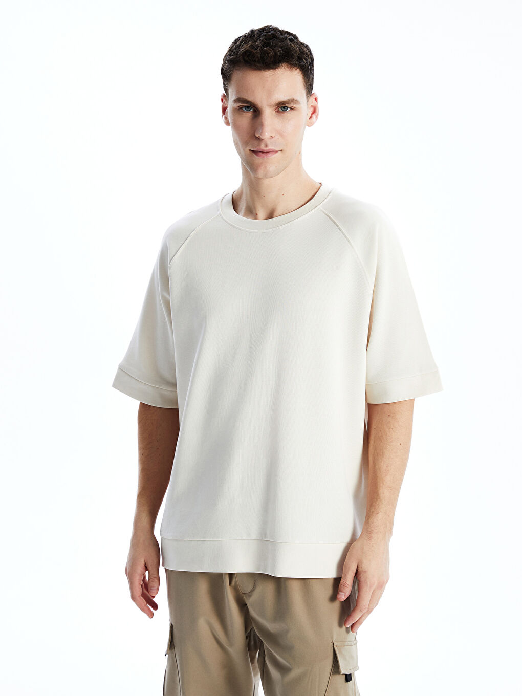 Bej Bisiklet Yaka Kısa Kollu Erkek Sweatshirt