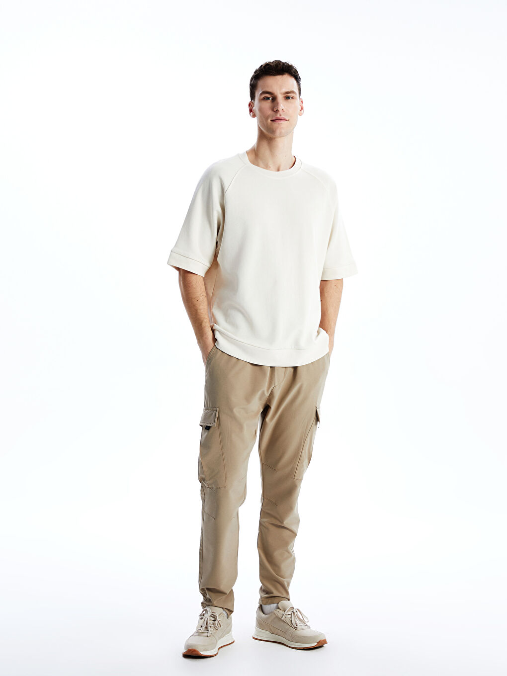 Bej Bisiklet Yaka Kısa Kollu Erkek Sweatshirt-1