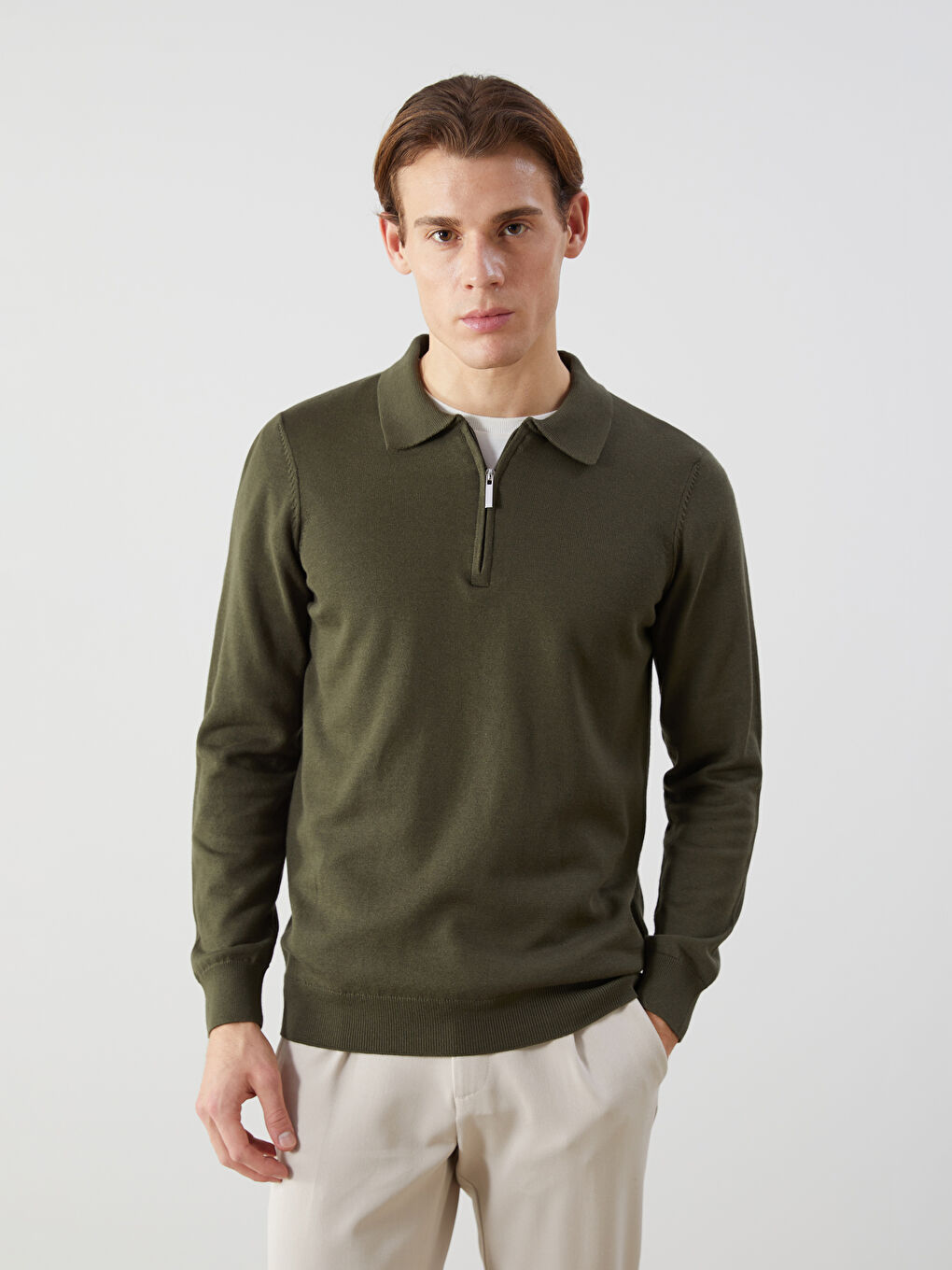 Haki Polo Yaka Uzun Kollu Erkek Triko Kazak-1