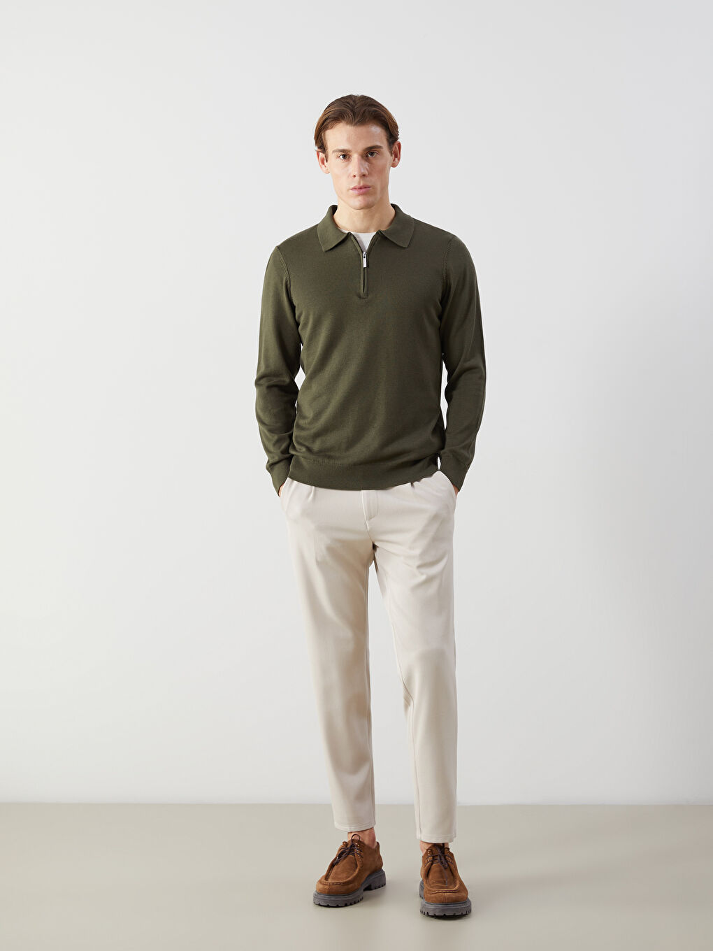 Haki Polo Yaka Uzun Kollu Erkek Triko Kazak-2