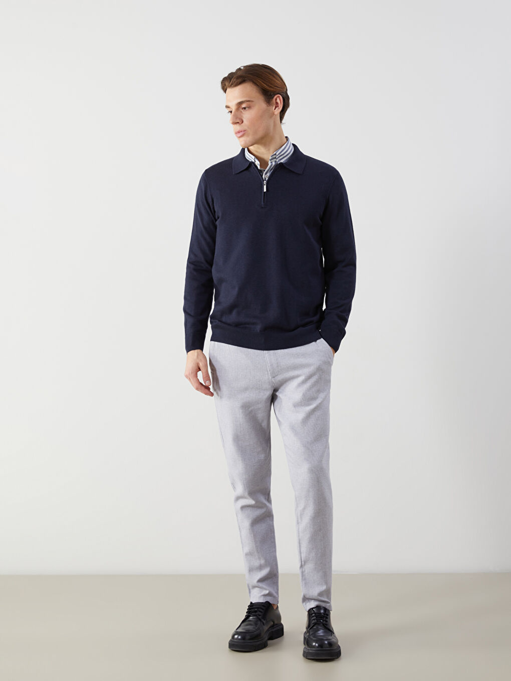 Lacivert Polo Yaka Uzun Kollu Erkek Triko Kazak-1