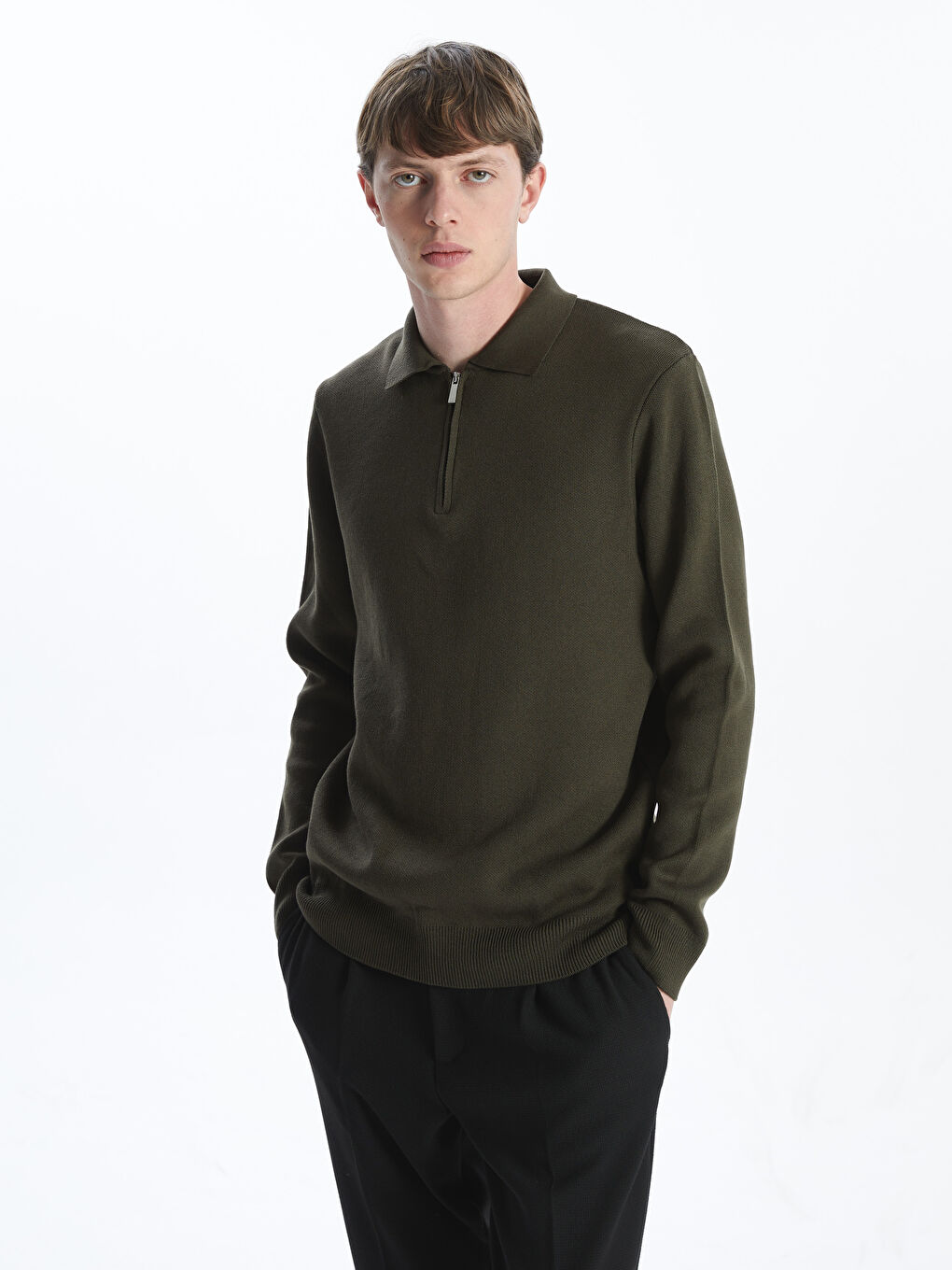 Polo Neck Long Sleeve Men's Knitwear Sweater