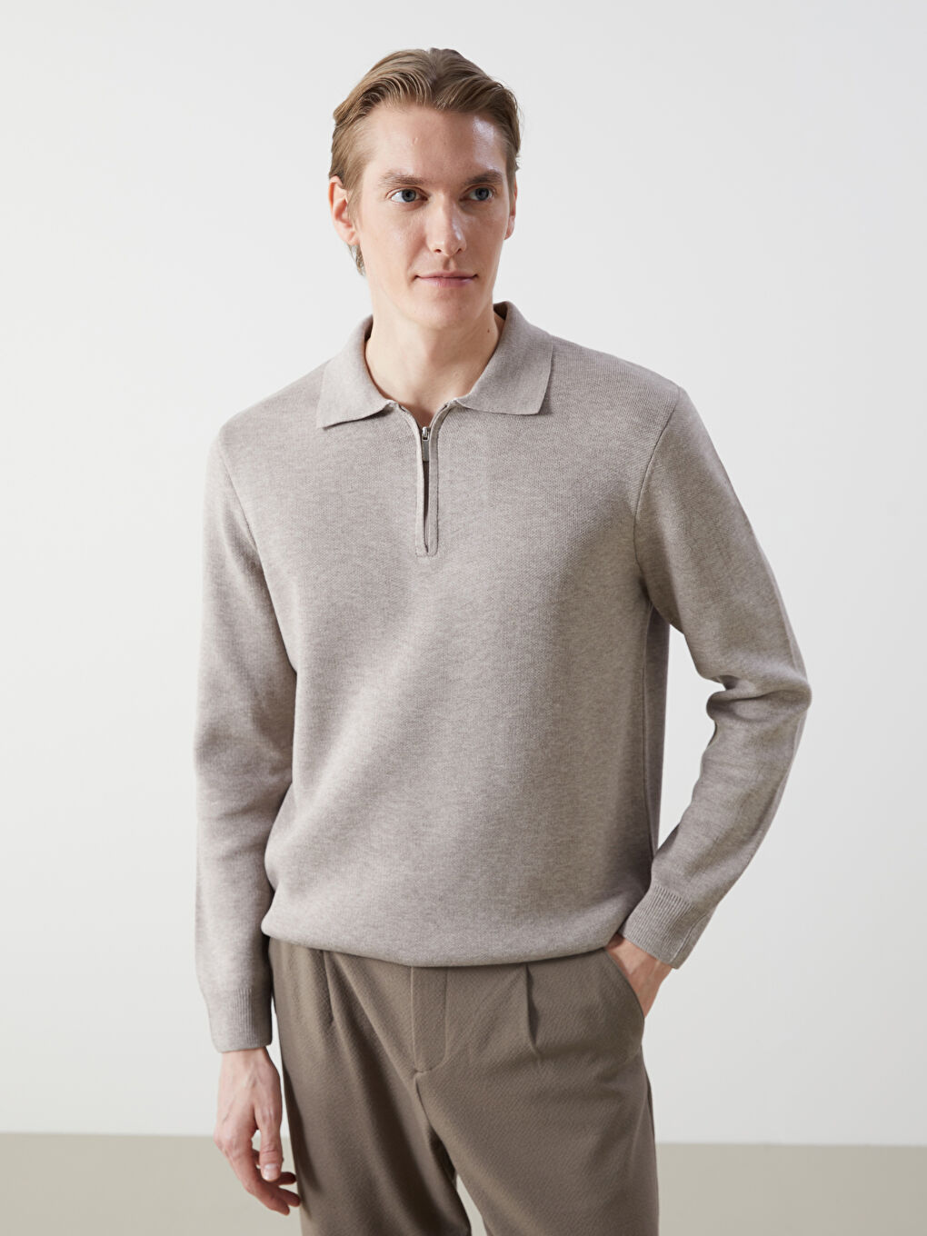 Polo Neck Long Sleeve Men's Tricot Sweater -W4LU82Z8-HZZ