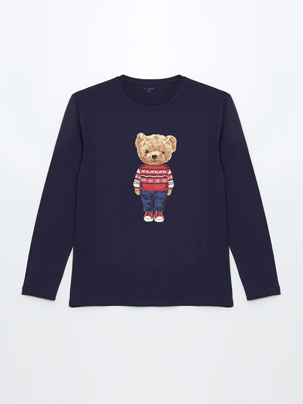 Lacivert Bisiklet Yaka Ayı Teddy Baskılı Erkek Pijama Üst