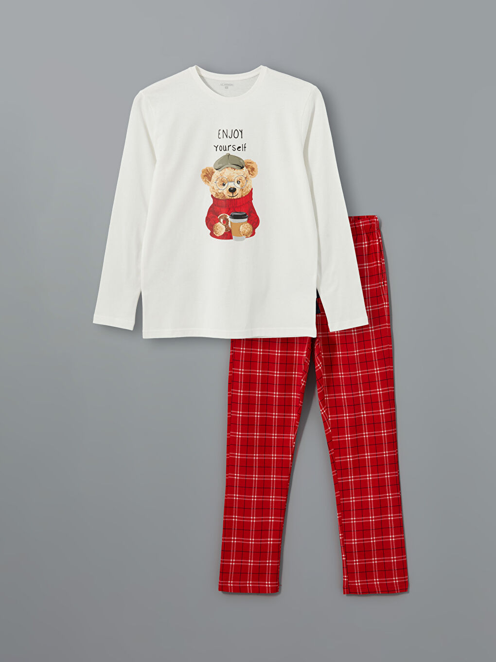 LC WAIKIKI Ekru Standart Kalıp Ayı Teddy Baskılı Erkek Pijama Takımı - 9