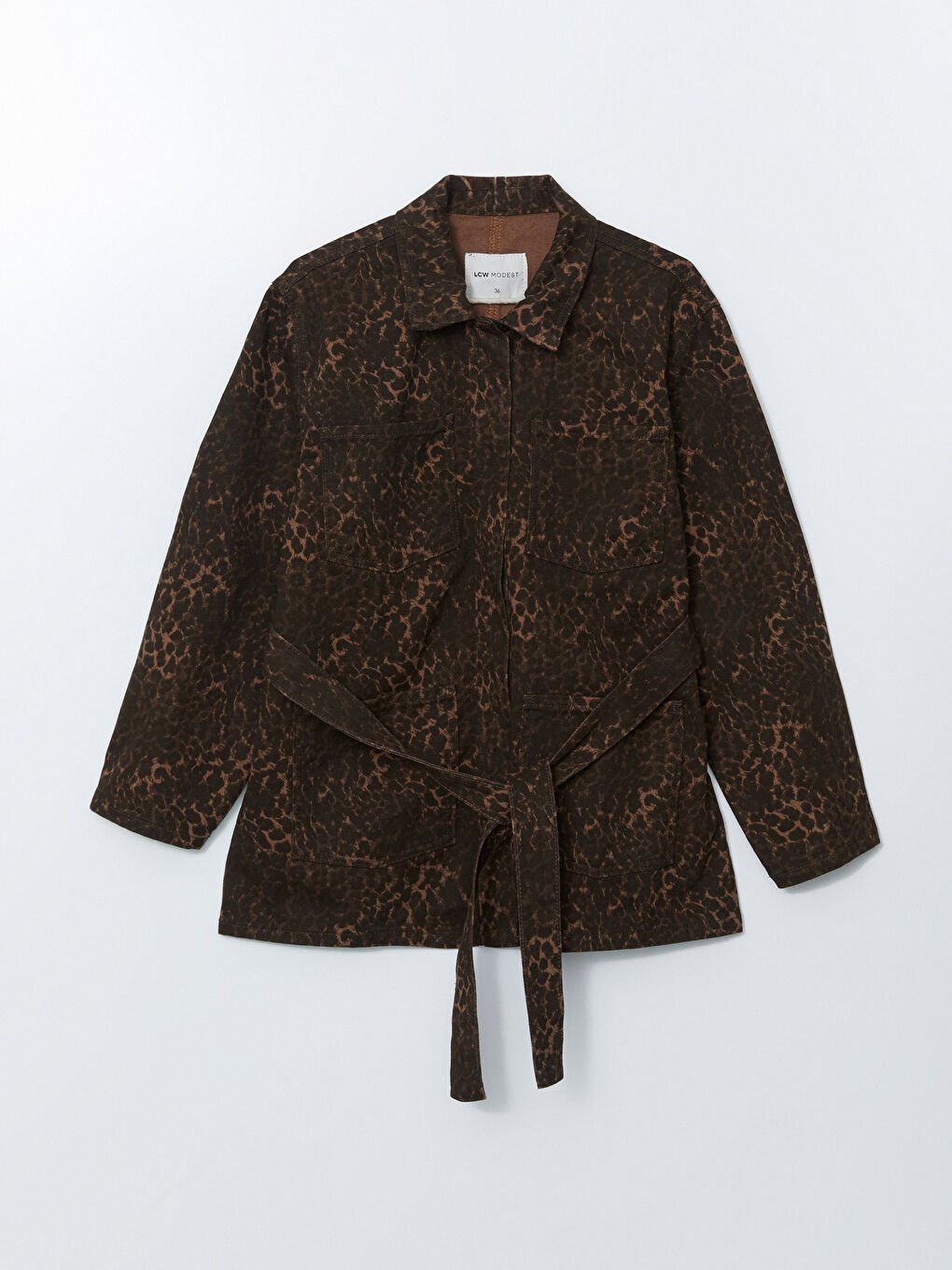 Kahverengi Gömlek Yaka Leopar Desenli Kadın Jean Ceket-4