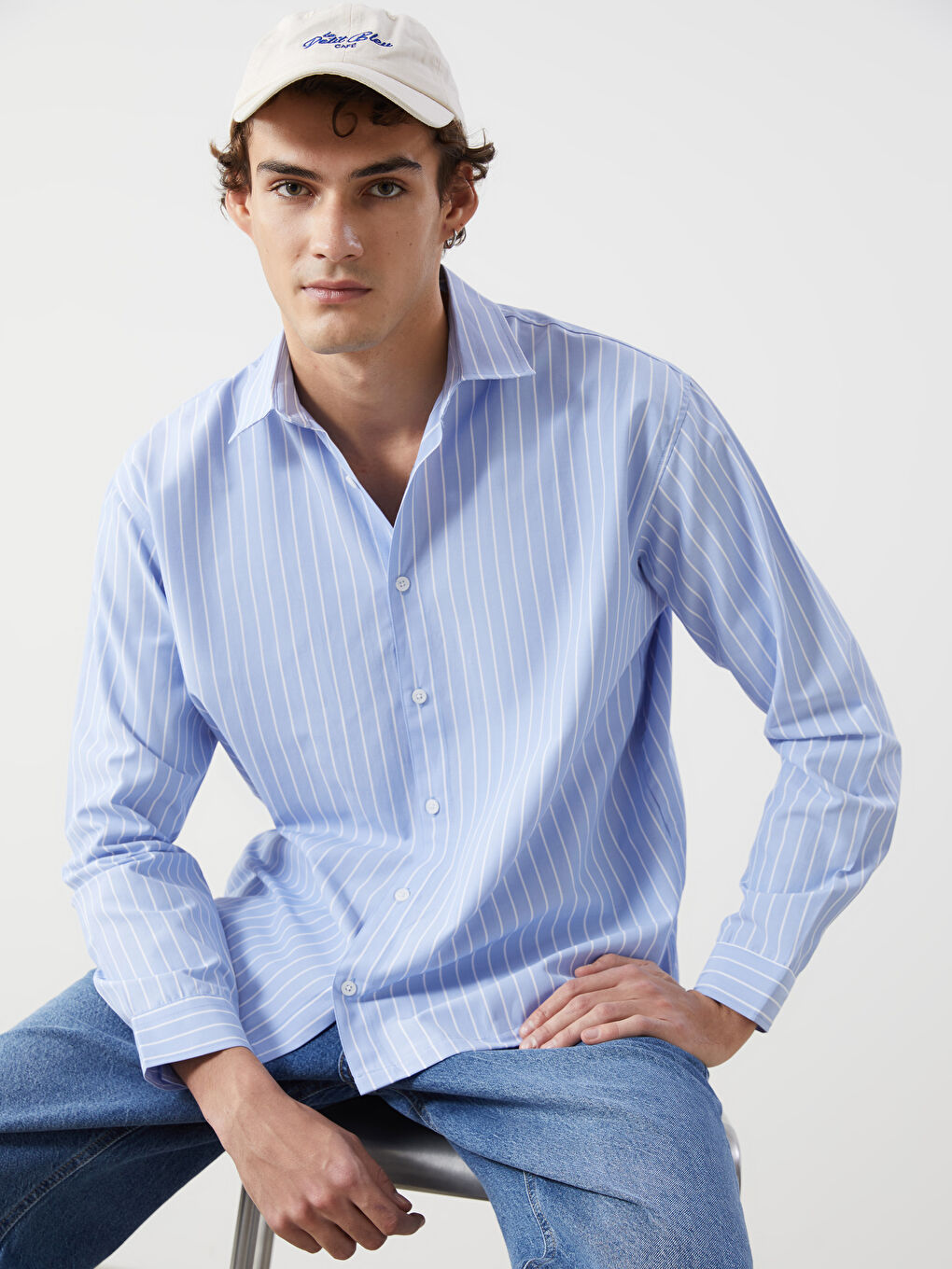 Mavi Rahat Kalıp Uzun Kollu Çizgili Erkek Gömlek