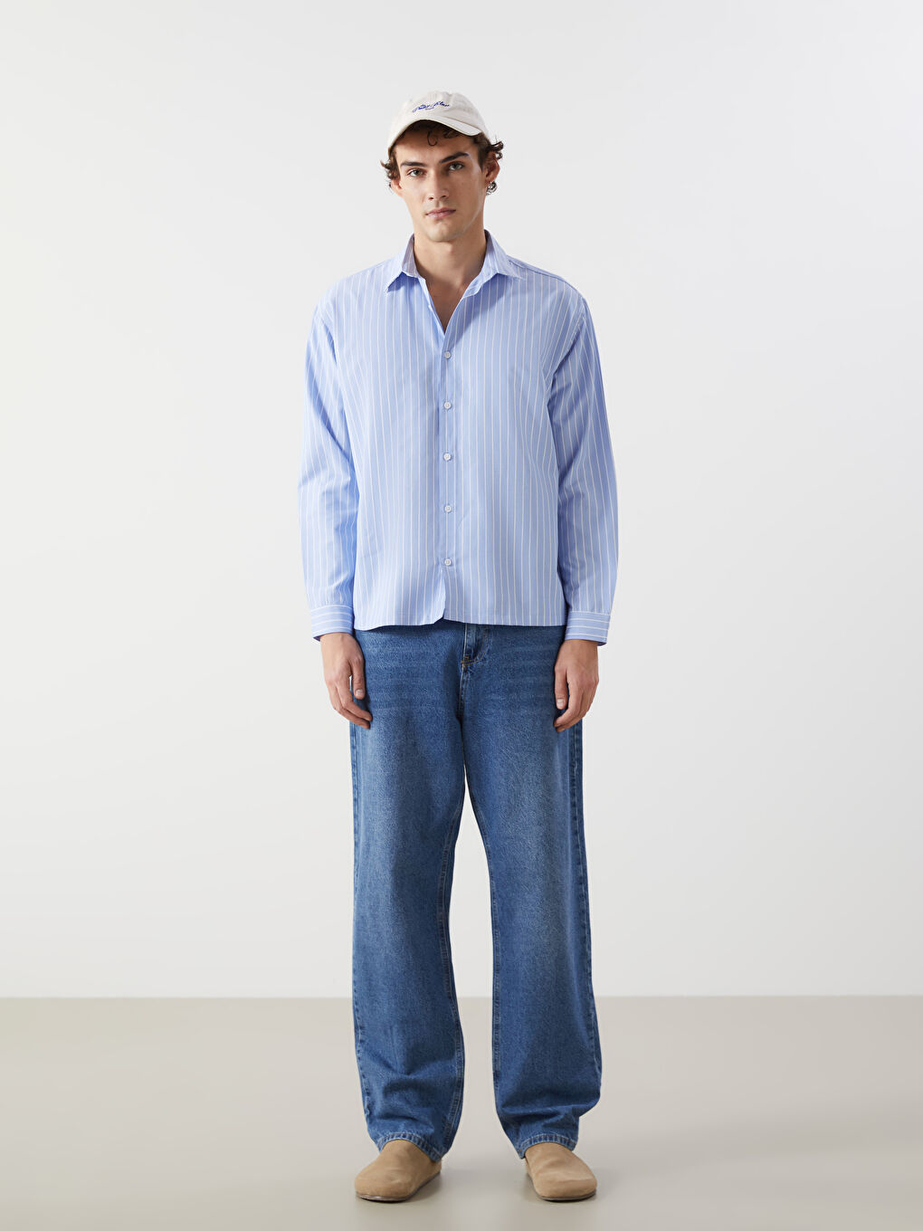 Mavi Rahat Kalıp Uzun Kollu Çizgili Erkek Gömlek-1