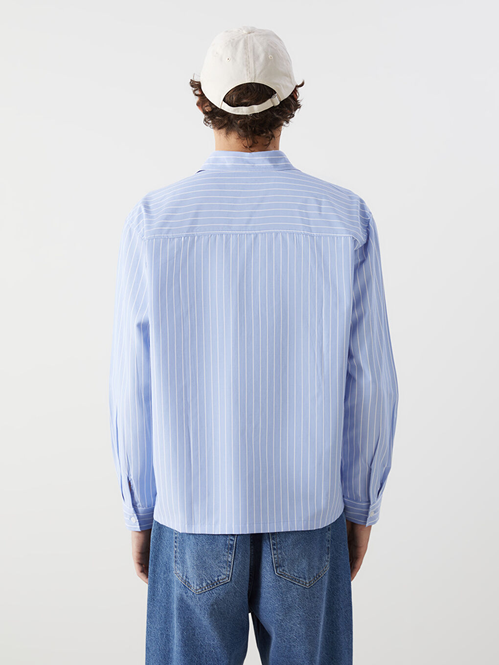 Mavi Rahat Kalıp Uzun Kollu Çizgili Erkek Gömlek-3