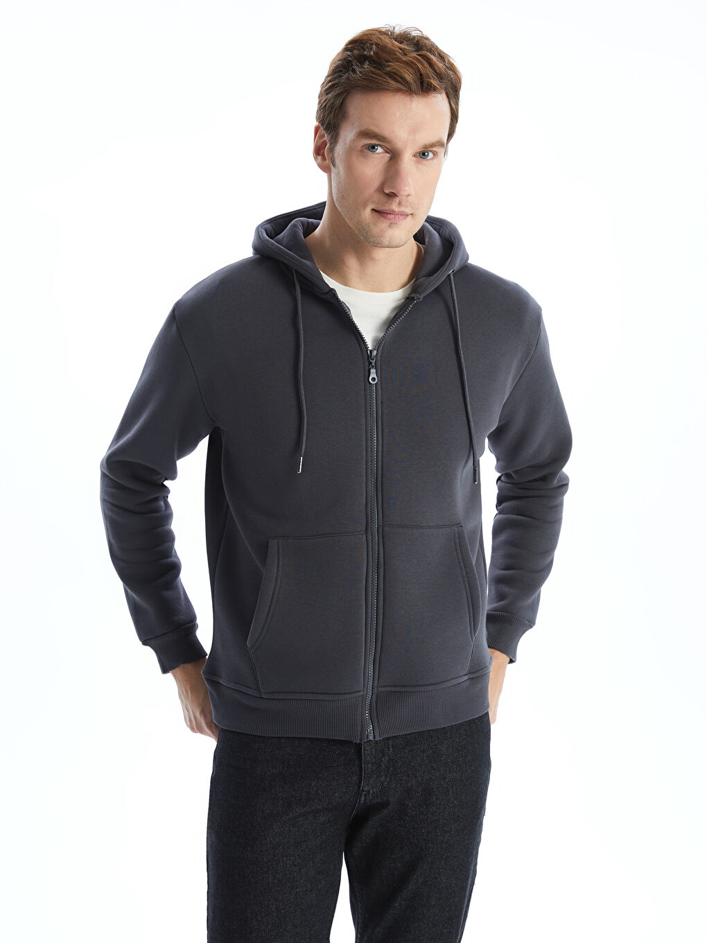 LCWAIKIKI Classic Antrasit Kapüşonlu Uzun Kollu Erkek Fermuarlı Sweatshirt