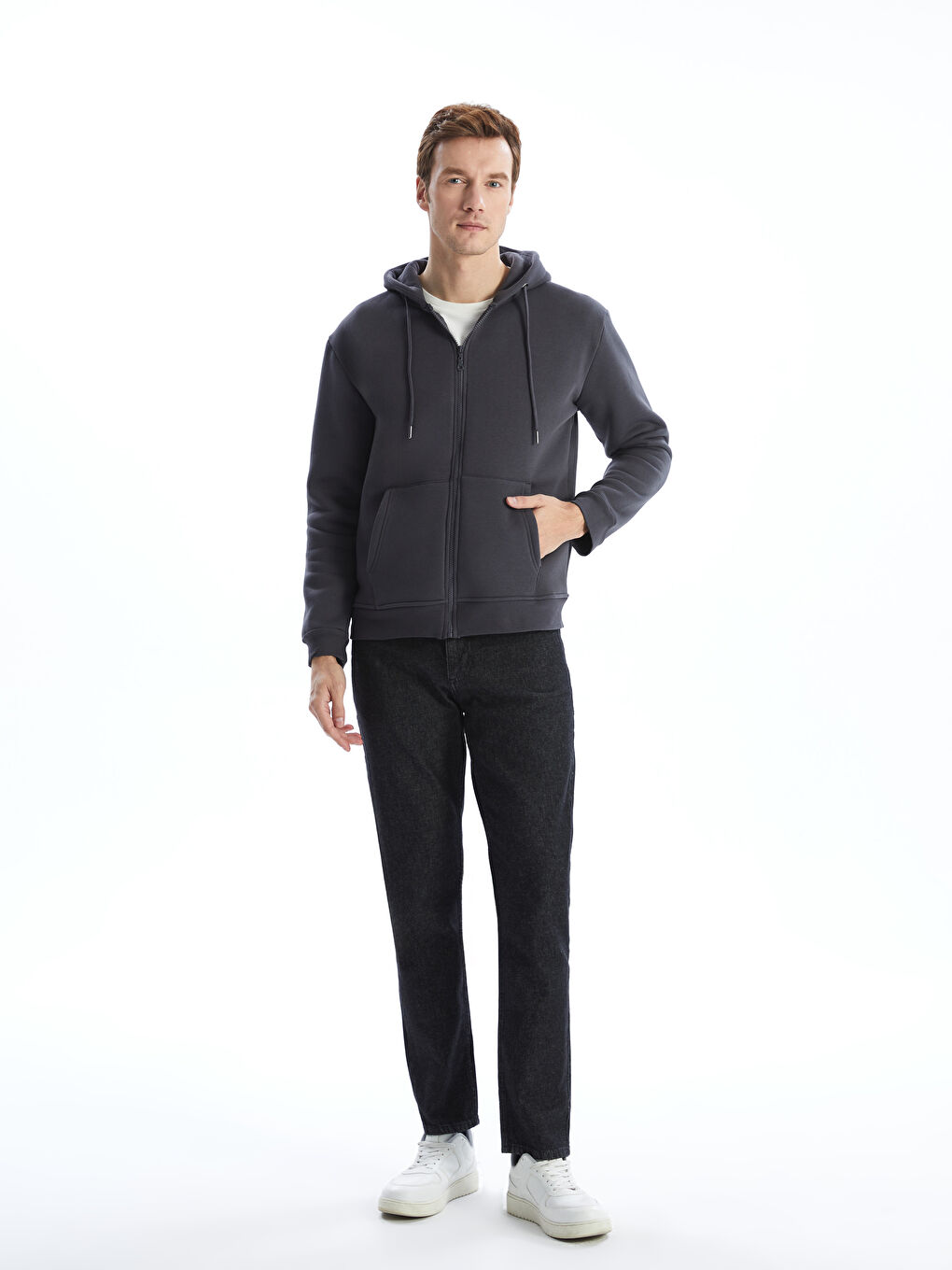 LCWAIKIKI Classic Antrasit Kapüşonlu Uzun Kollu Erkek Fermuarlı Sweatshirt - 1