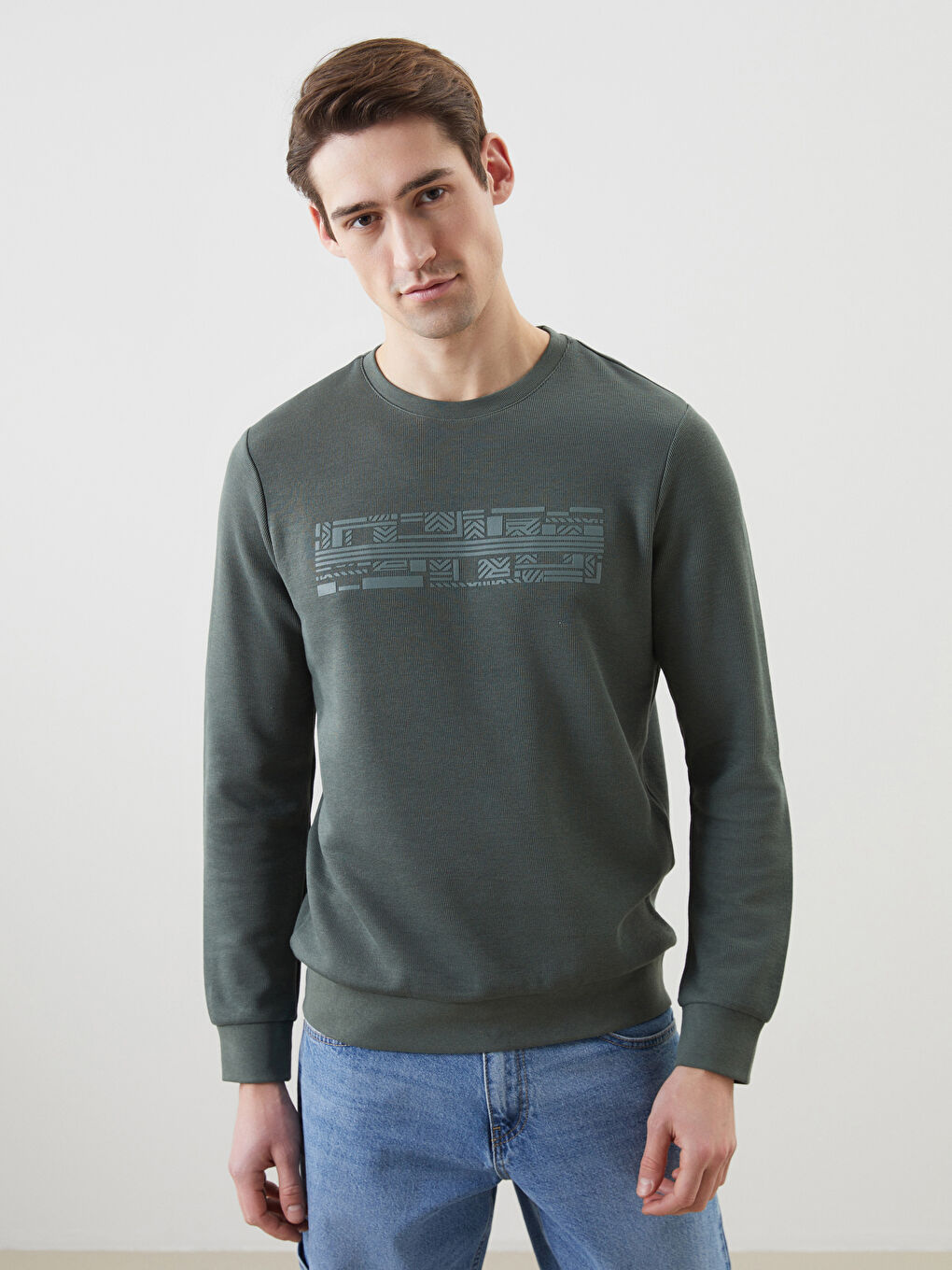 Yeşil Bisiklet Yaka Uzun Kollu Baskılı Erkek Sweatshirt