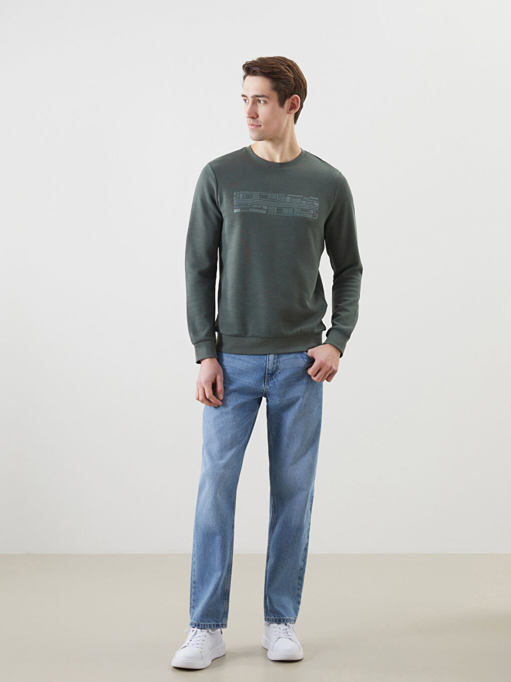 Yeşil Bisiklet Yaka Uzun Kollu Baskılı Erkek Sweatshirt-1