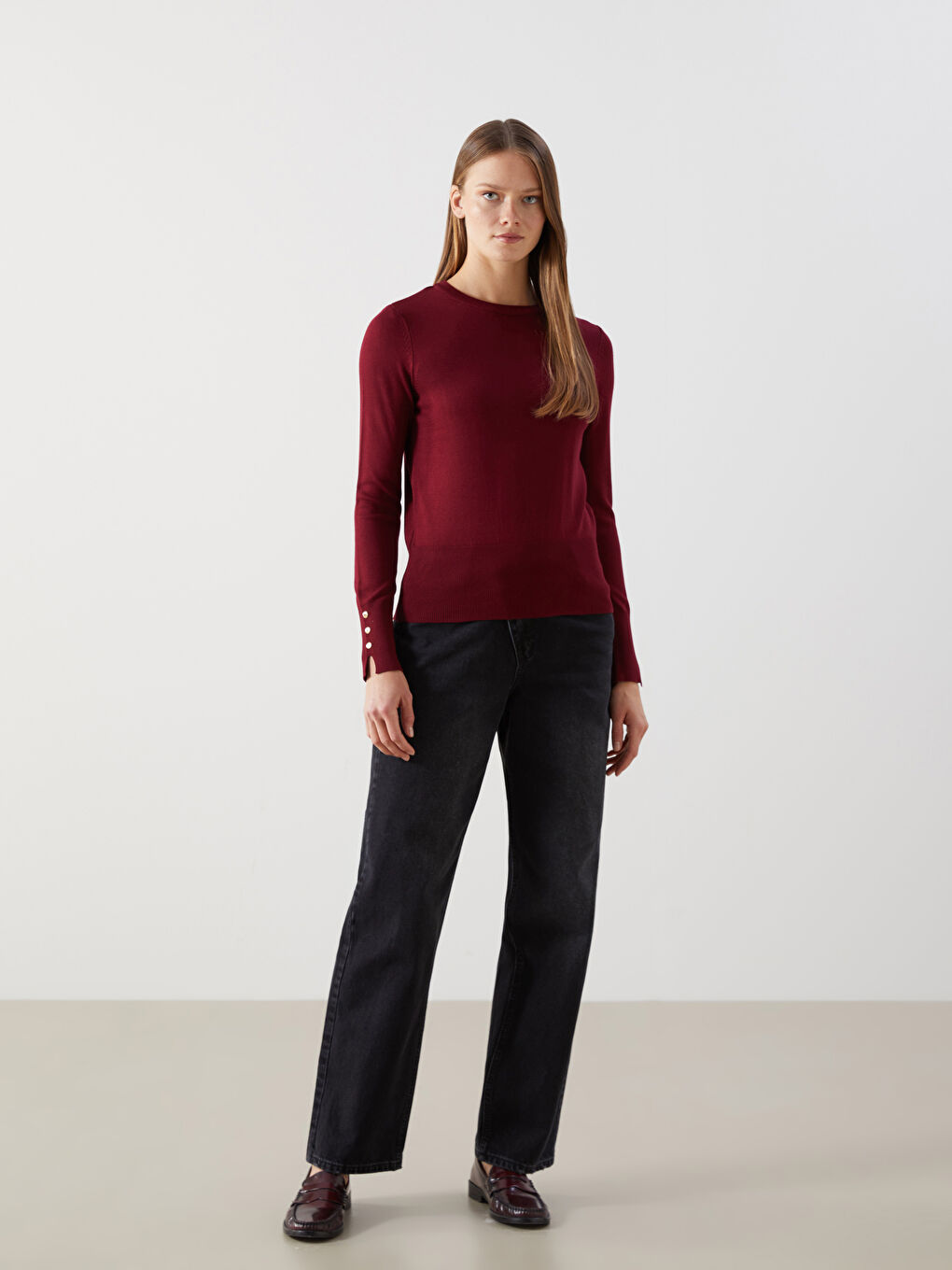 Bordo Bisiklet Yaka Kadın Triko Kazak-1