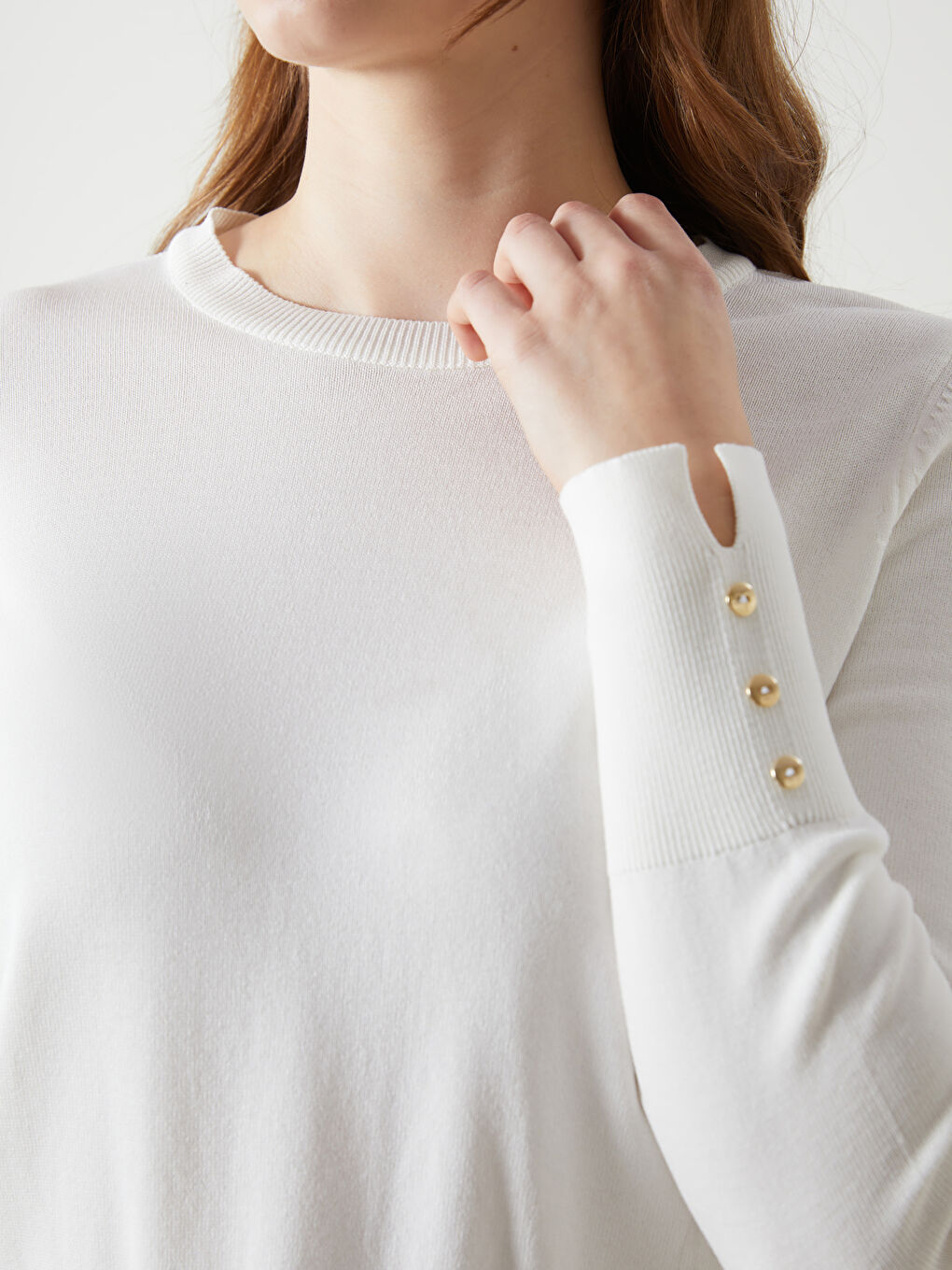 Ekru Bisiklet Yaka Kadın Triko Kazak-2