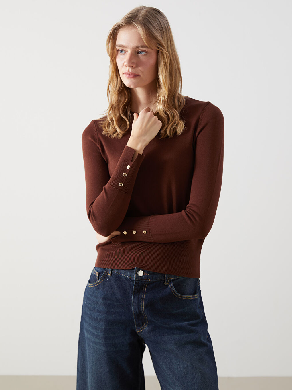 Kahverengi Bisiklet Yaka Kadın Triko Kazak