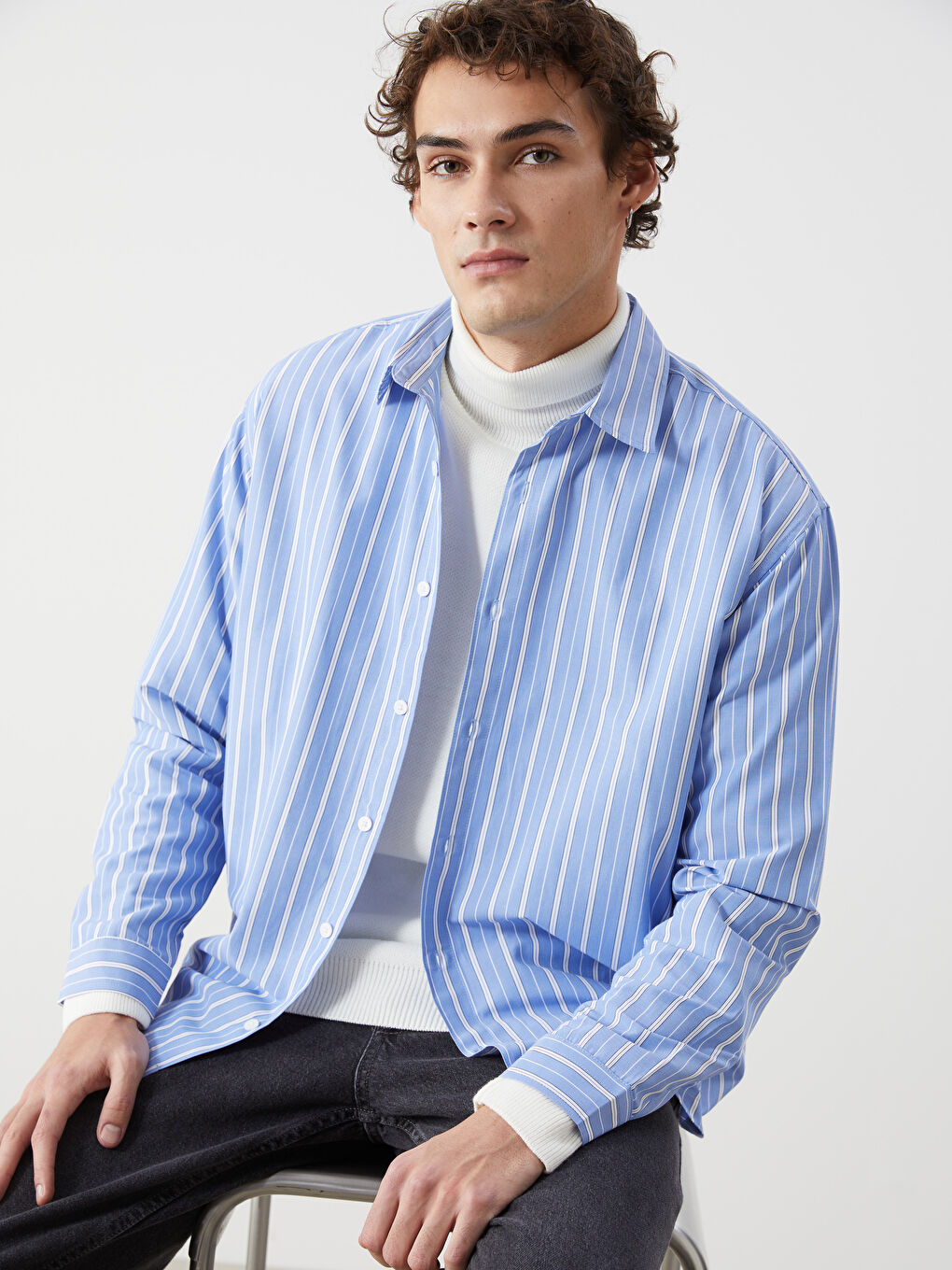 XSIDE Relaxed Fit Long Sleeve Striped Men's Shirt -W4LV71Z8-LEN