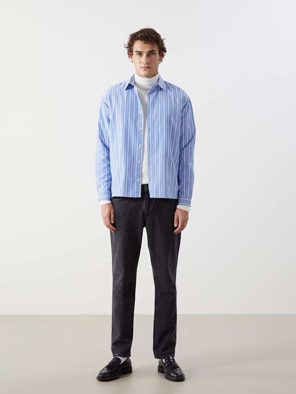 XSIDE Relaxed Fit Long Sleeve Striped Men's Shirt -W4LV71Z8-LEN