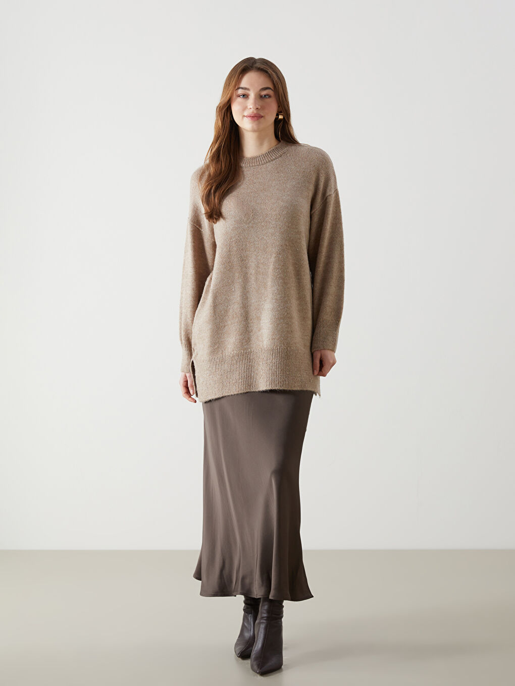 LCW Vision Bej Bisiklet Yaka Oversize Kadın Triko Kazak - 1