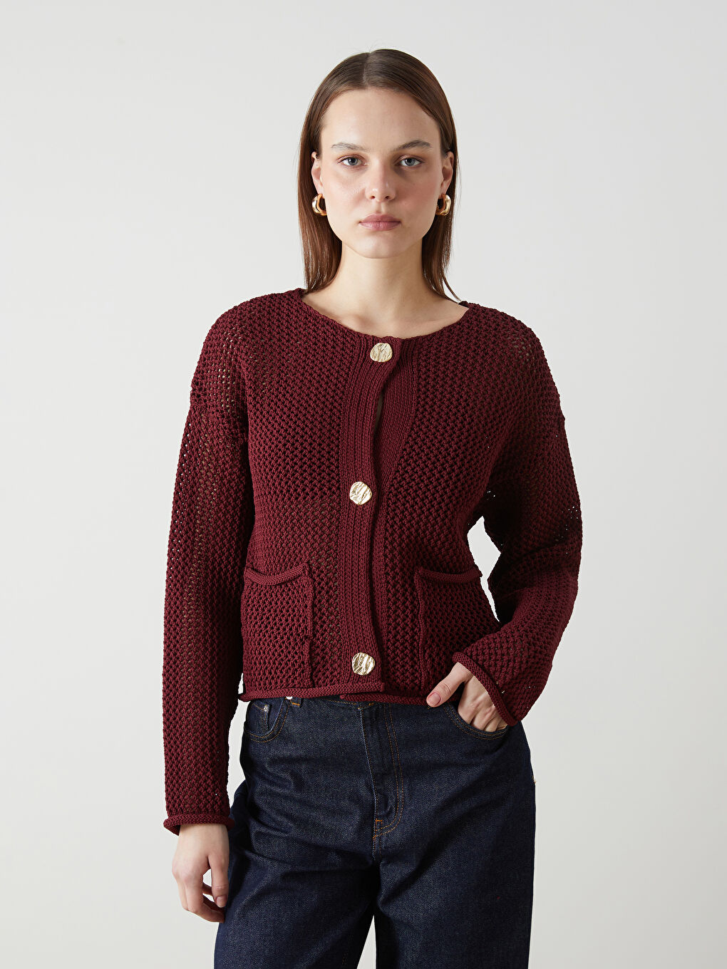 Bordo Bisiklet Yaka Ajurlu Kadın Triko Hırka