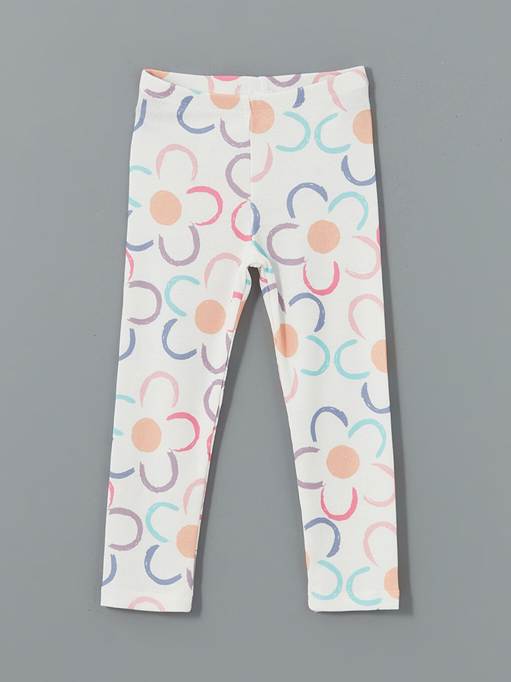 Ekru Beli Lastikli Çiçekli Kız Çocuk Tayt