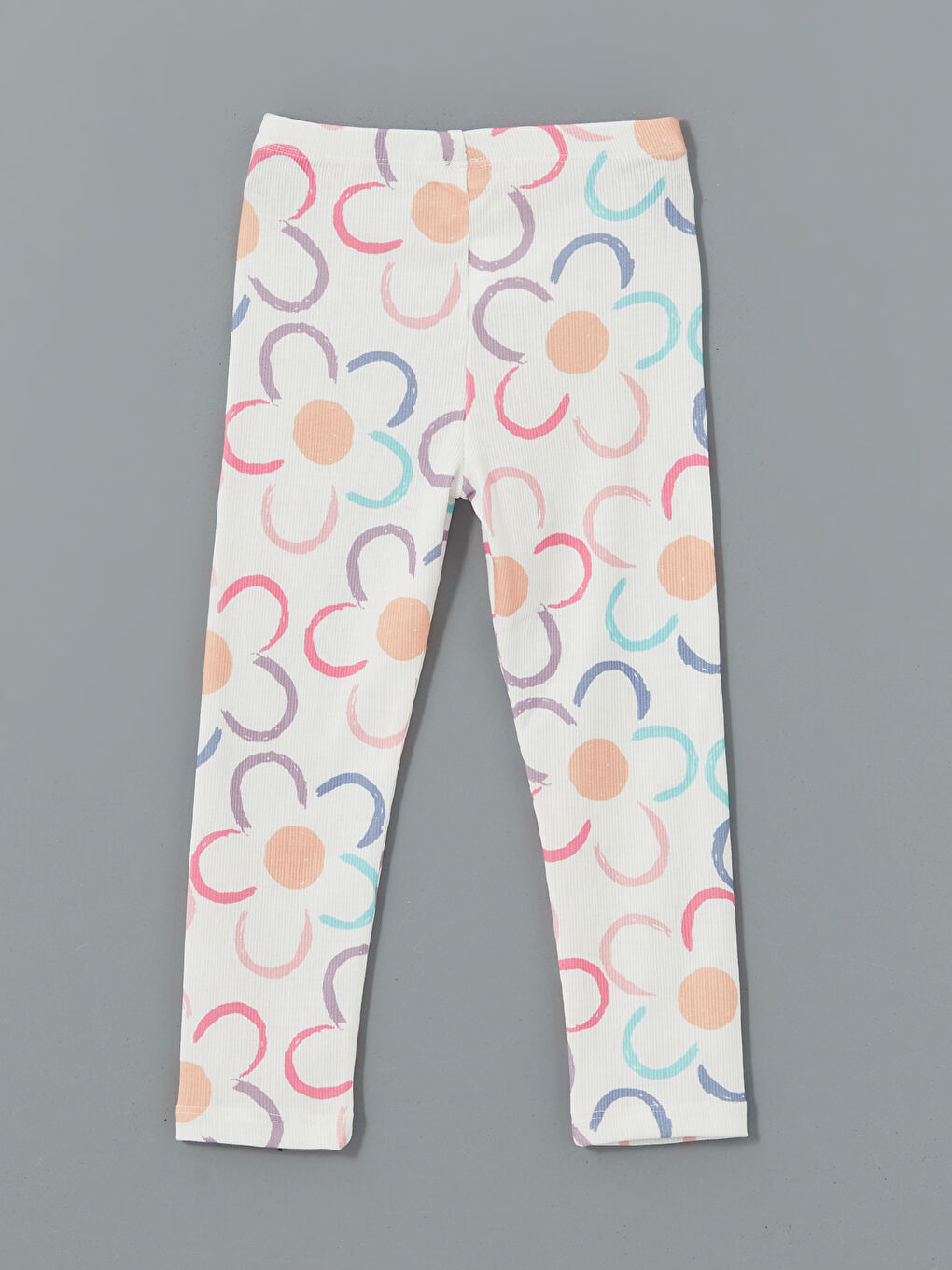 Ekru Beli Lastikli Çiçekli Kız Çocuk Tayt-1