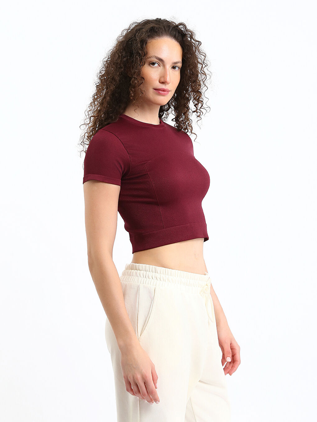 Crew Neck Plain Short Sleeve Women's Crop T-Shirt-3