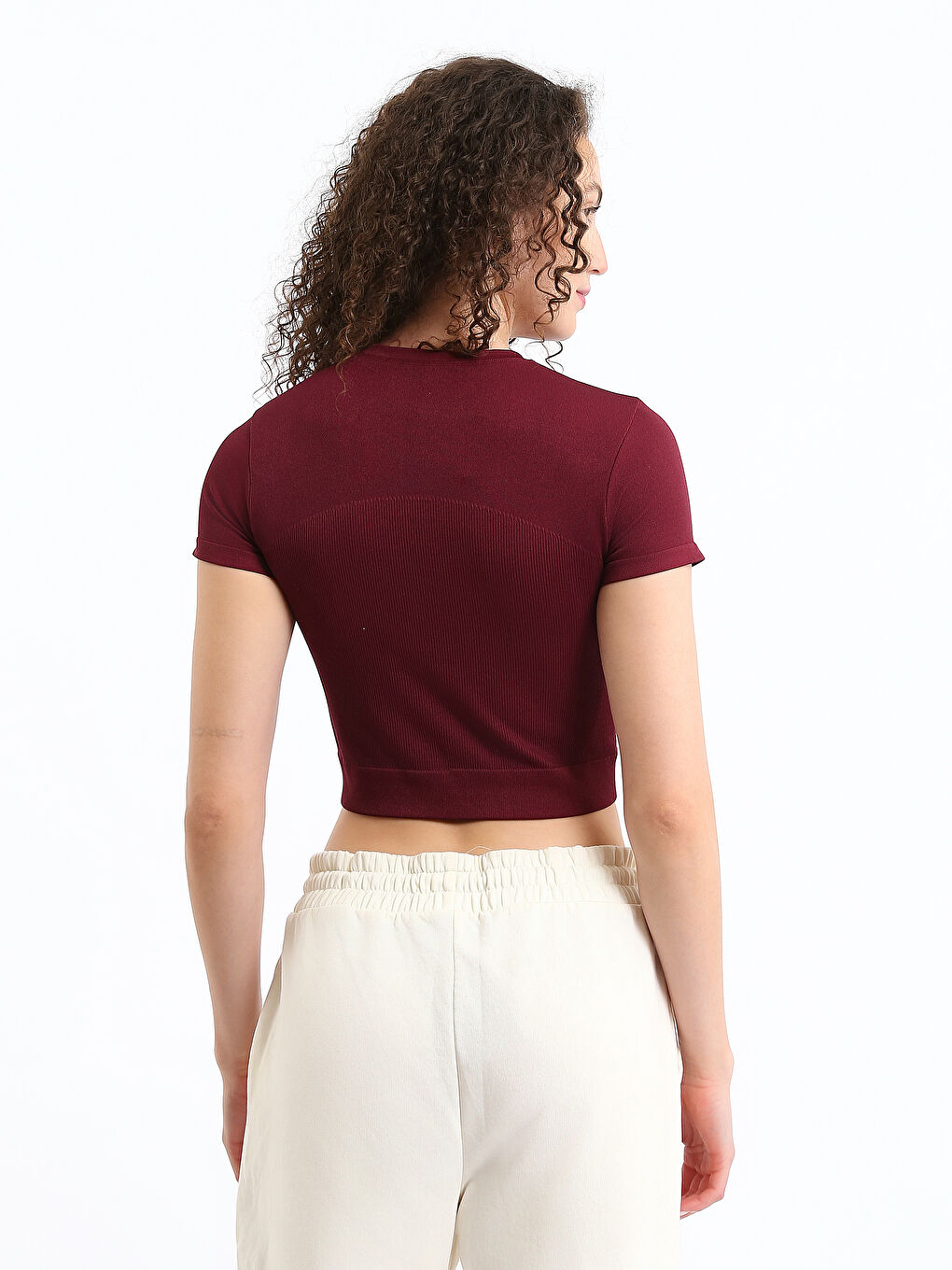 Crew Neck Plain Short Sleeve Women's Crop T-Shirt-4