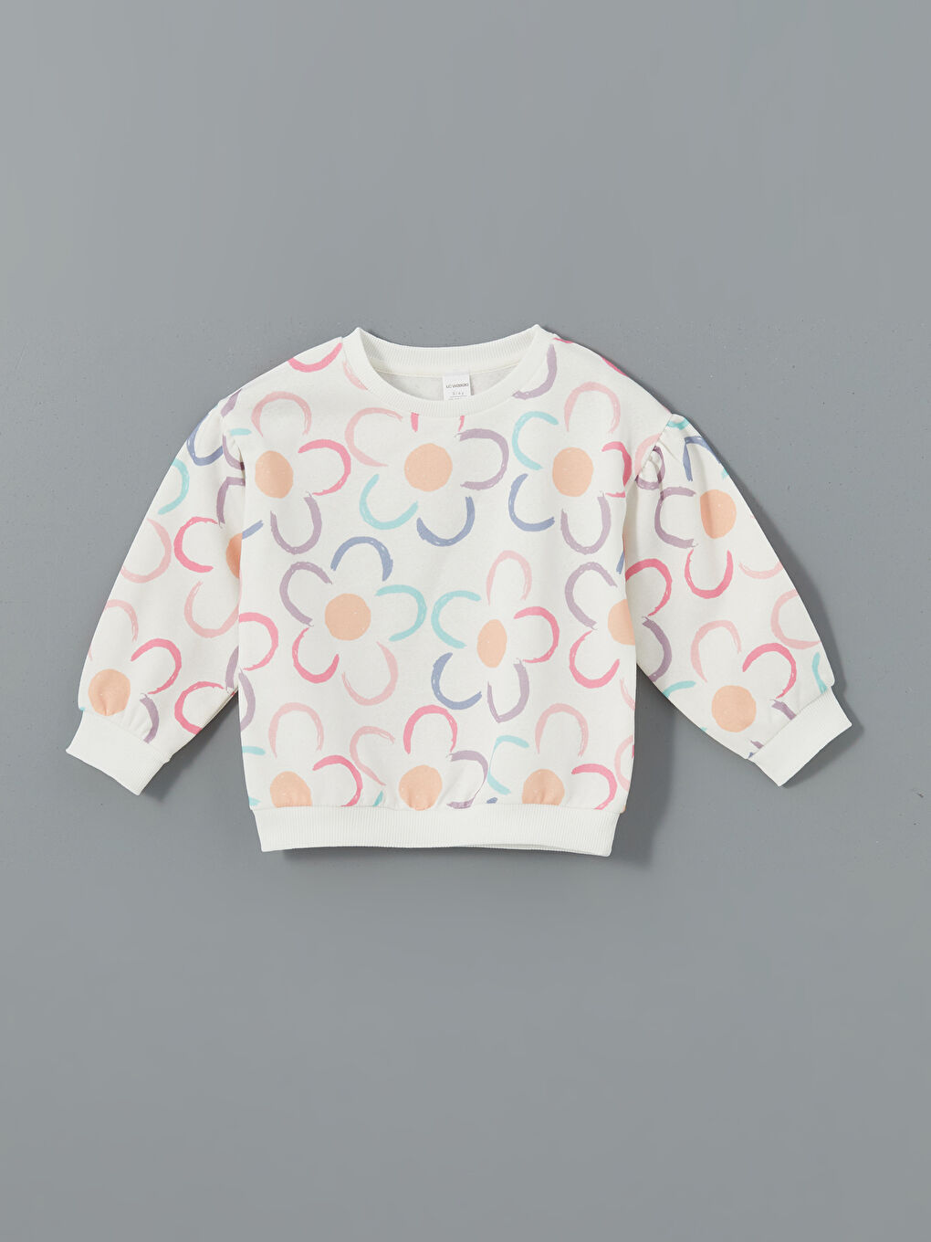 LCW Kids Ekru Bisiklet Yaka Çiçekli Kız Çocuk Sweatshirt ve Tayt 2'li - 1