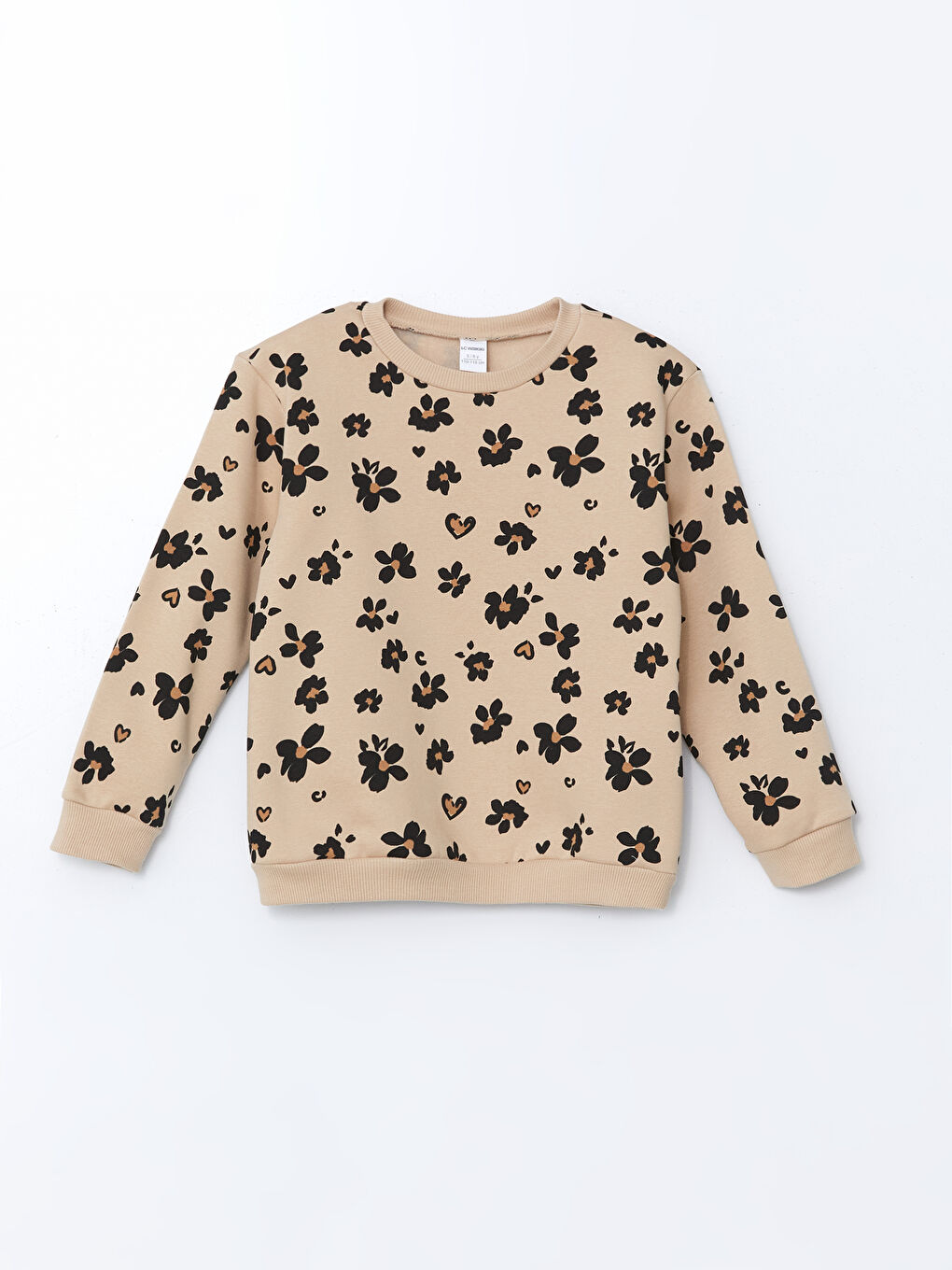 Bej Bisiklet Yaka Çiçekli Kız Çocuk Sweatshirt