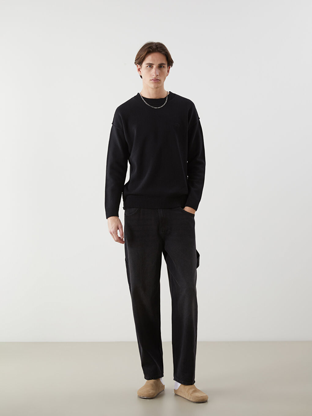 Siyah Bisiklet Yaka Erkek Triko Kazak-1