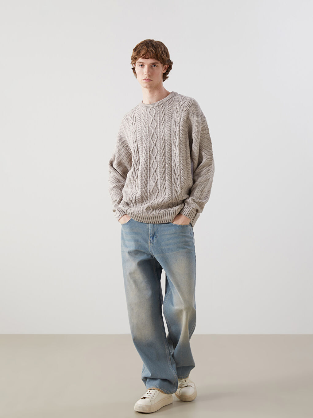 Bej Bisiklet Yaka Erkek Triko Kazak-1