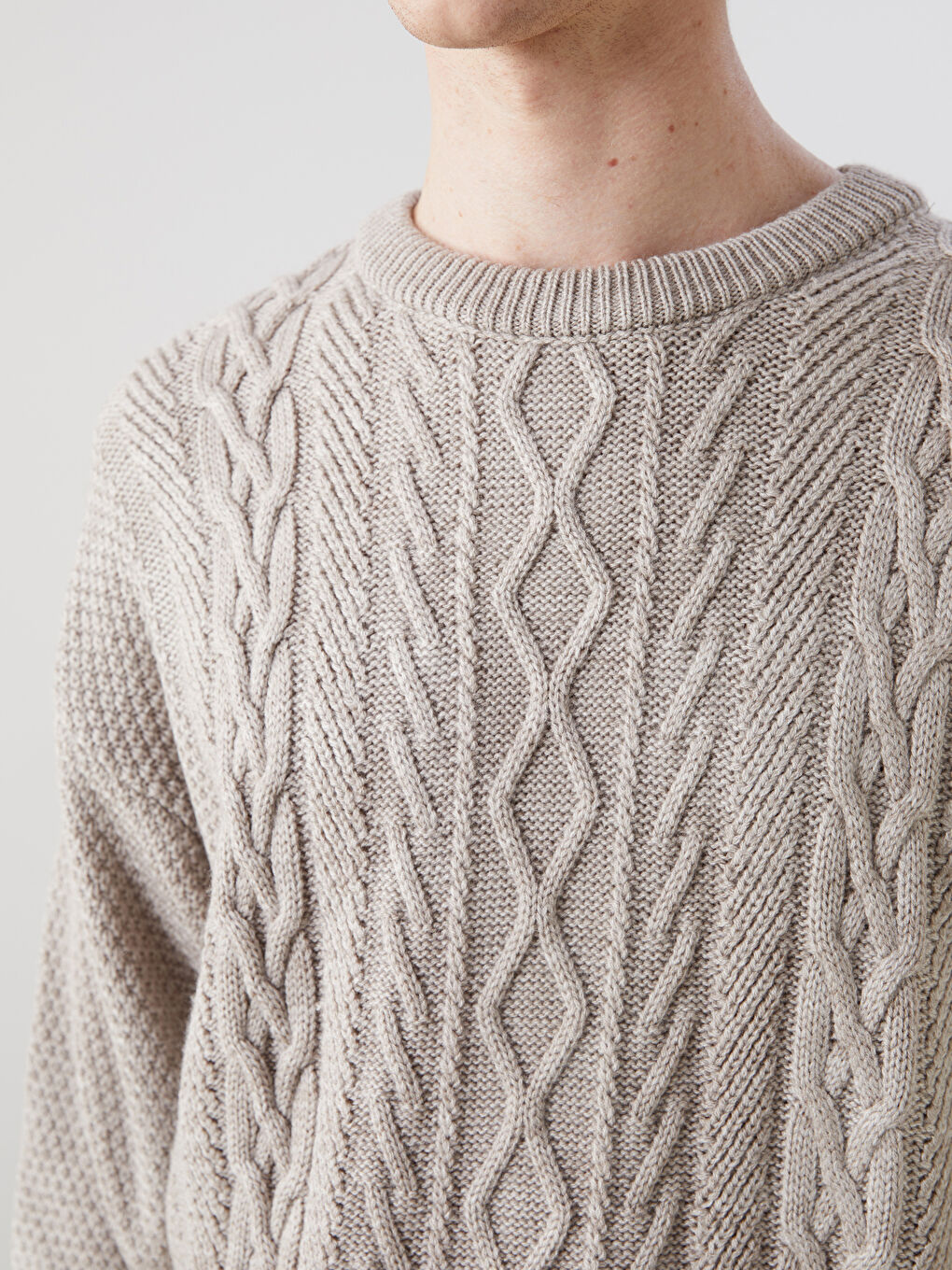 Bej Bisiklet Yaka Erkek Triko Kazak-2