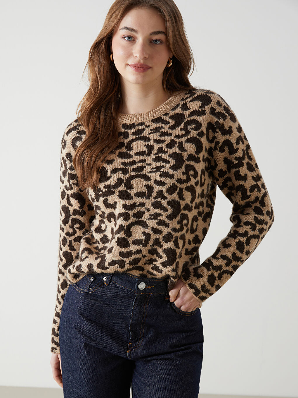 Crew Neck Leopard Print Women's Knitwear Sweater -W4LY93Z8-CTC