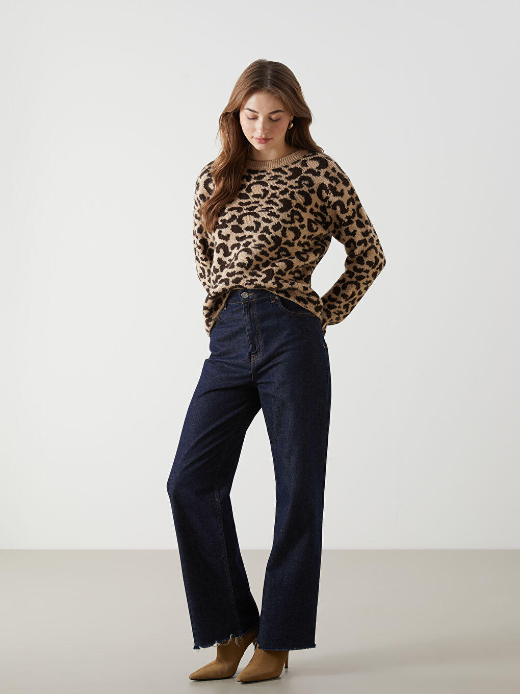 Crew Neck Leopard Print Women's Knitwear Sweater -W4LY93Z8-CTC