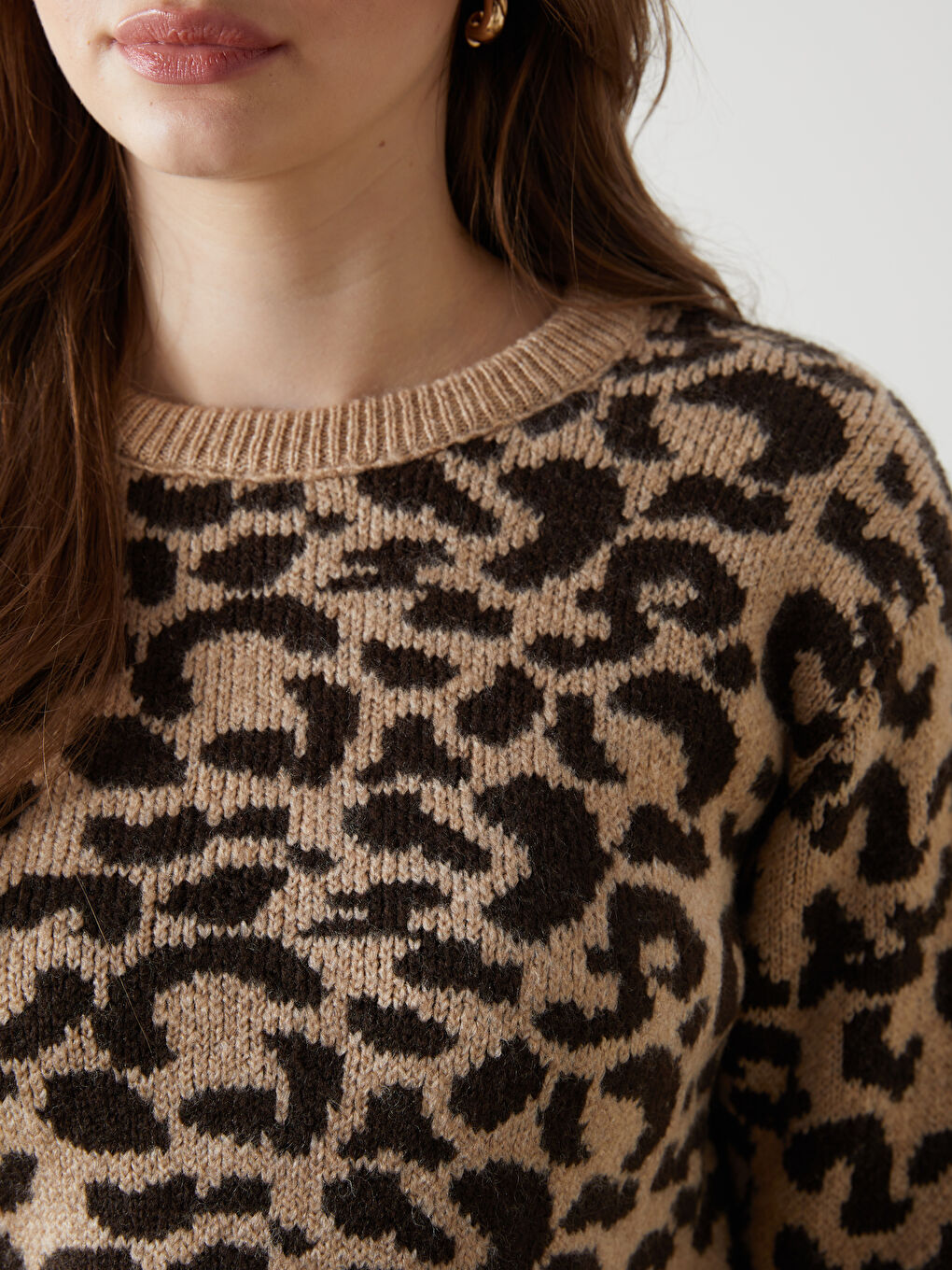 Crew Neck Leopard Print Women's Knitwear Sweater -W4LY93Z8-CTC
