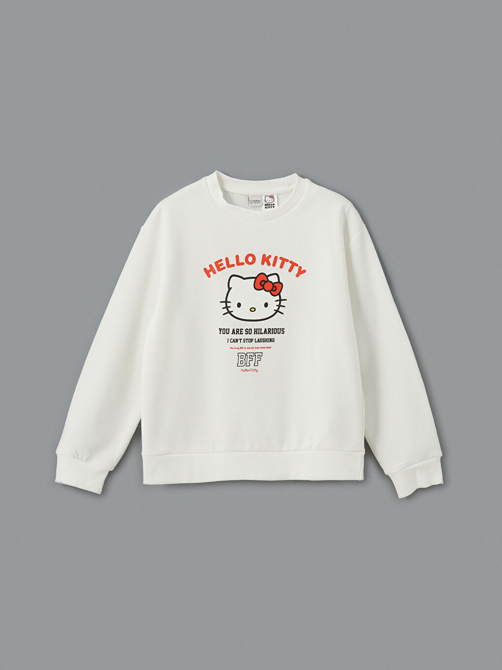 Ekru Bisiklet Yaka Hello Kitty Baskılı Kız Çocuk Kalın Sweatshirt