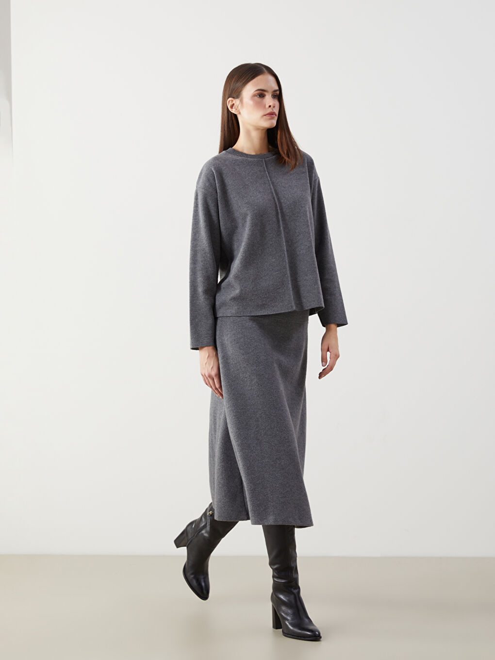 Antrasit Beli Lastikli Kadın Triko Etek