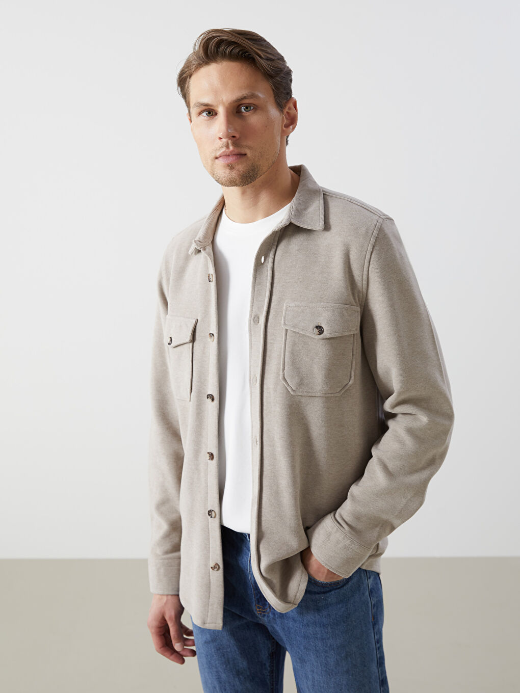 Bej Regular Fit Uzun Kollu Erkek Gömlek Ceket