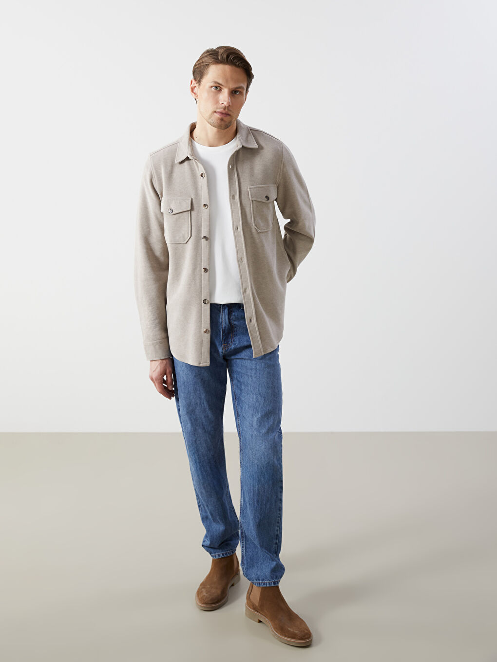 Bej Regular Fit Uzun Kollu Erkek Gömlek Ceket-1